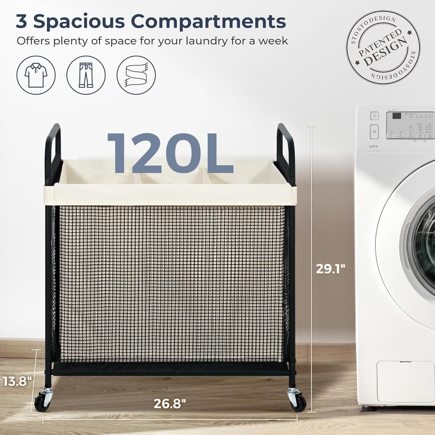 STO STO Laundry Hamper 3 Section, 120L Rolling Laundry Sorter Cart with Removable and Washable Liner Bag, Rolling Clothes Hamper with Metal Handle for Laundry Room and Bedroom