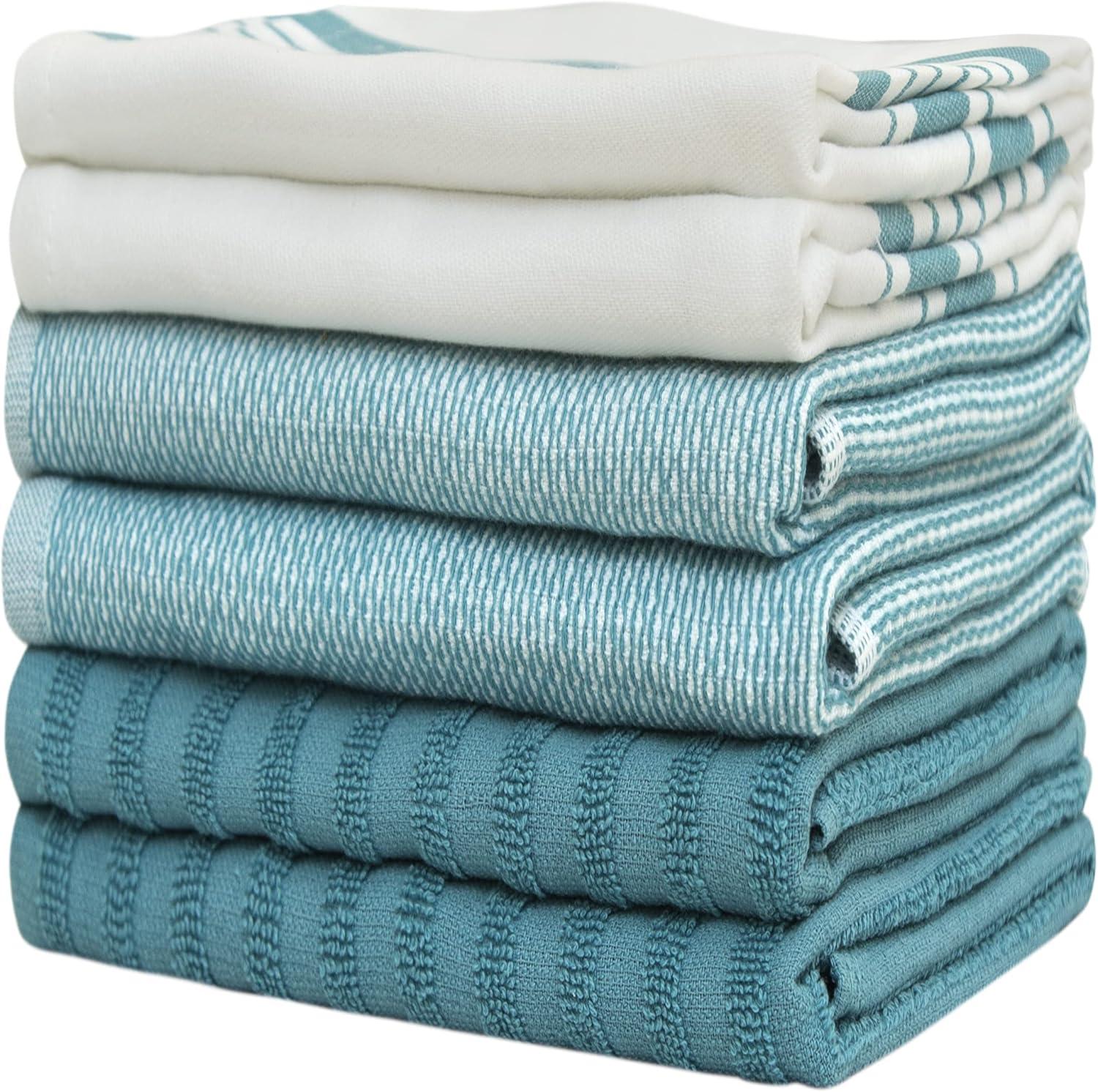 Premium Kitchen Towels 20”x 28”- 6 Pack| Large Cotton Kitchen Towels | Hand Towels for Kitchen | Flat & Terry Towel | Dish Towels | Highly Absorbent Tea Towels Set with Hanging Loop | Aqua Striped
