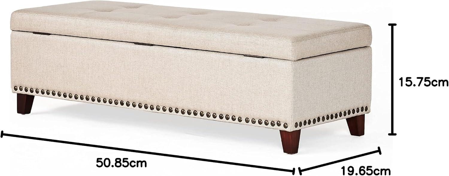 Beige Tufted Fabric Storage Ottoman with Nailhead Trim