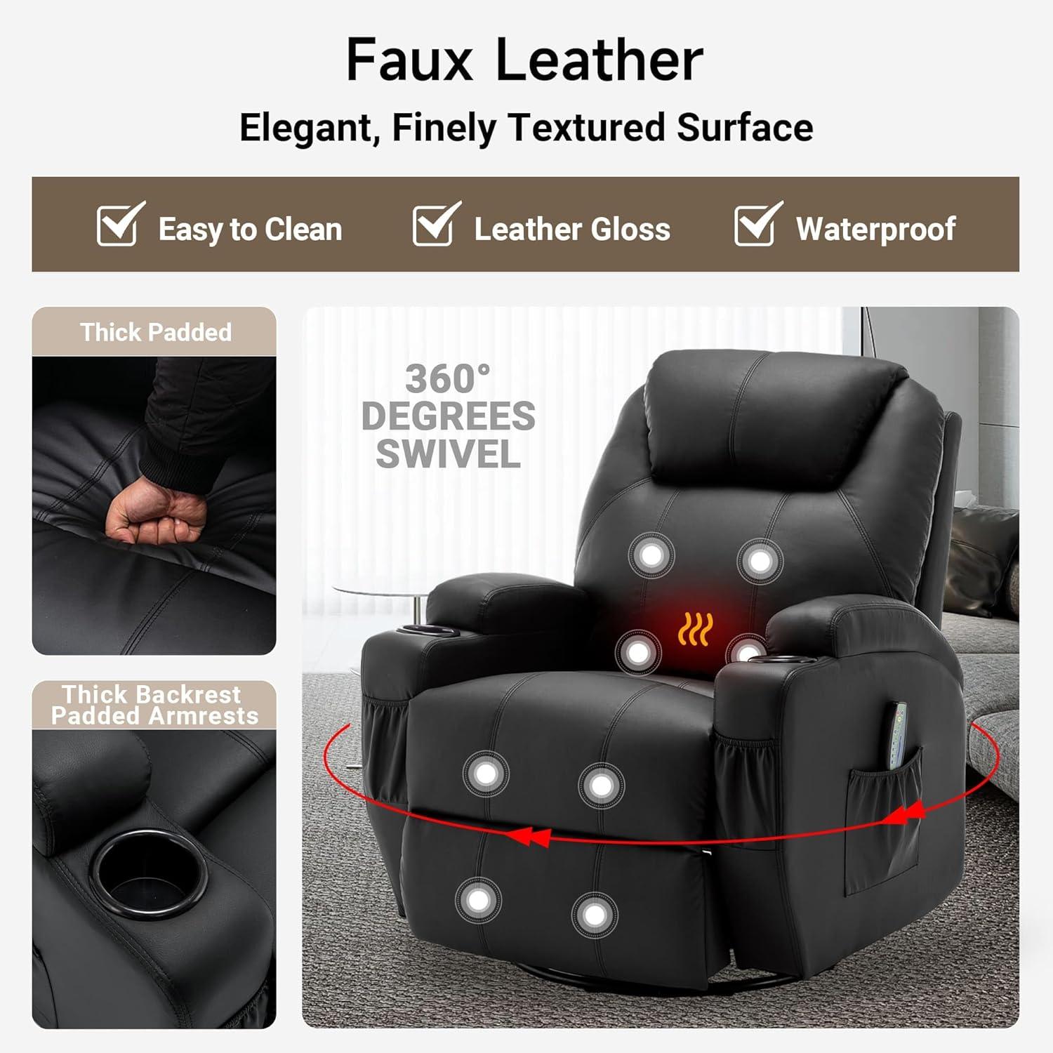 Latitude Run® Recliner Chair, Rocking Chair with Massage and Heat, 360° Swivel Recliner Chairs for Adults, Rocker Manual Recliner with Remote Control and Cup Holder for Living Room