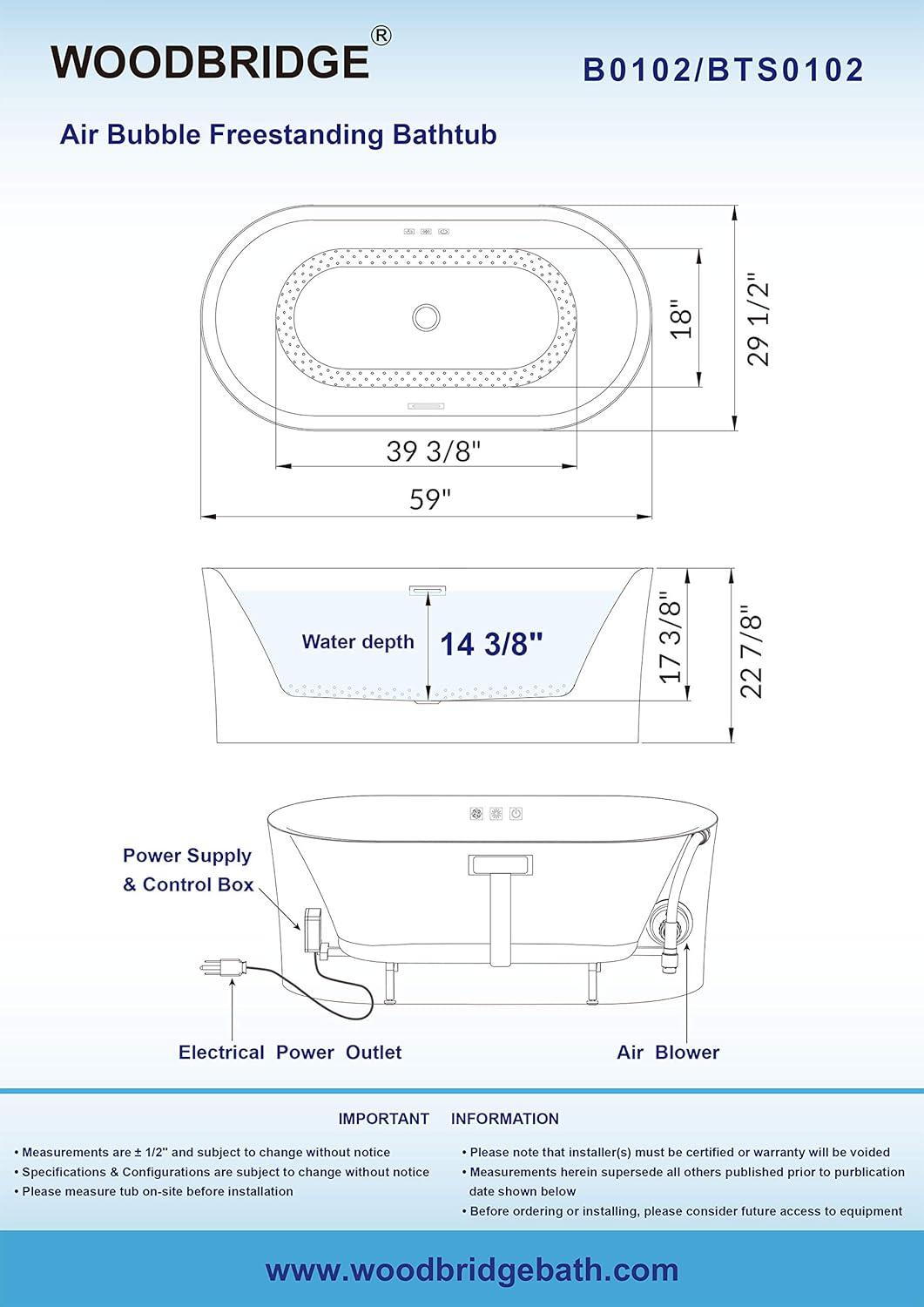 59'' White Acrylic Freestanding Soaking Bathtub with Brushed Nickel Overflow