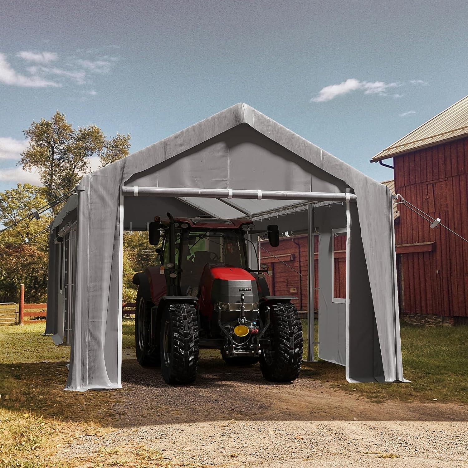 Carport 10'x20' Heavy Duty Carport Canopy Portable Garage 4 Roll-Up Doors & 4 Windows Waterproof All-Season Outdoor Storage Shed for Car Truck Boat, Gray