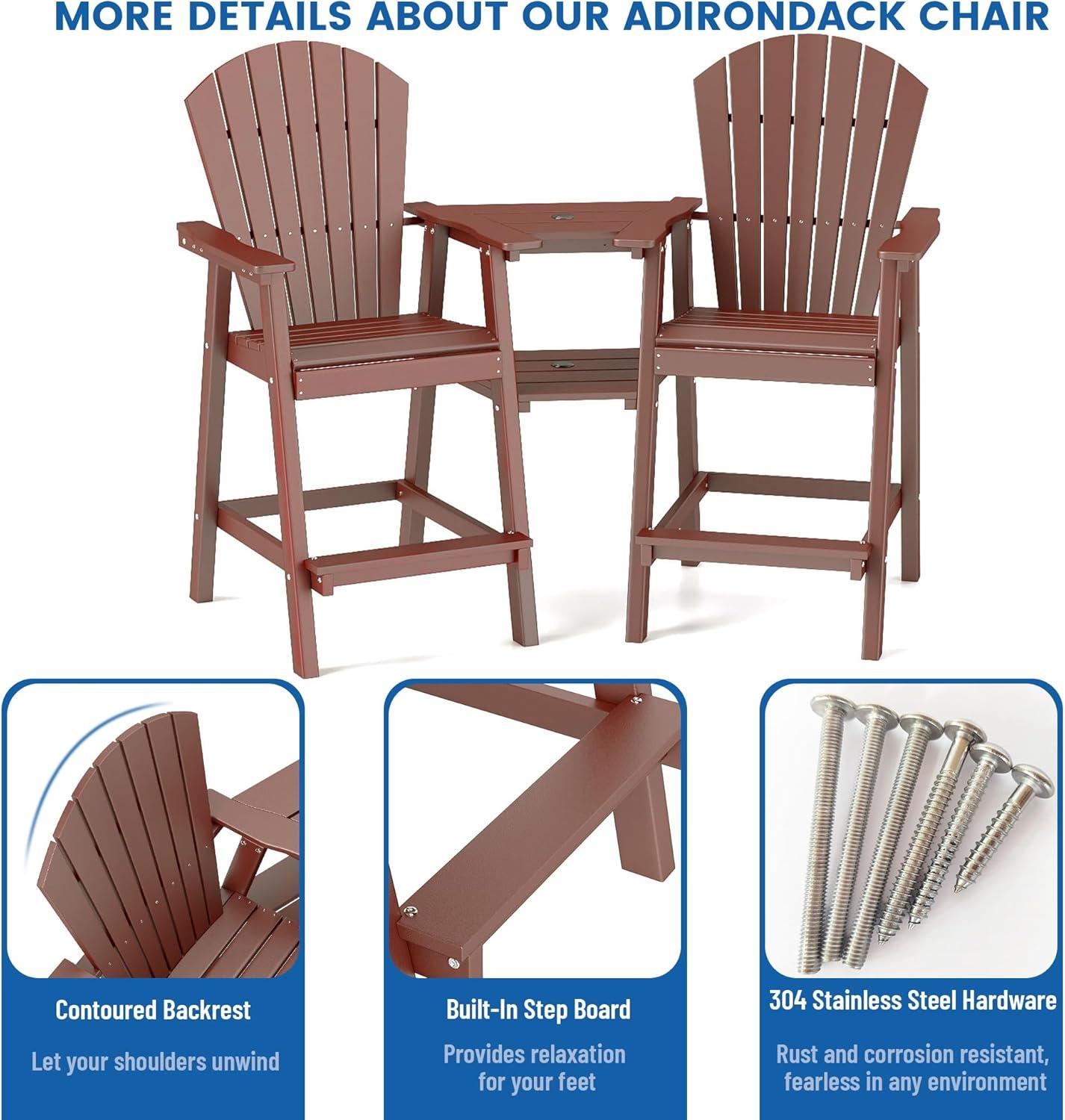 JUSTLET Tall Plastic Adirondack Chair Set of 2 W/ Outdoor Barstools and Connecting Tray, Brown