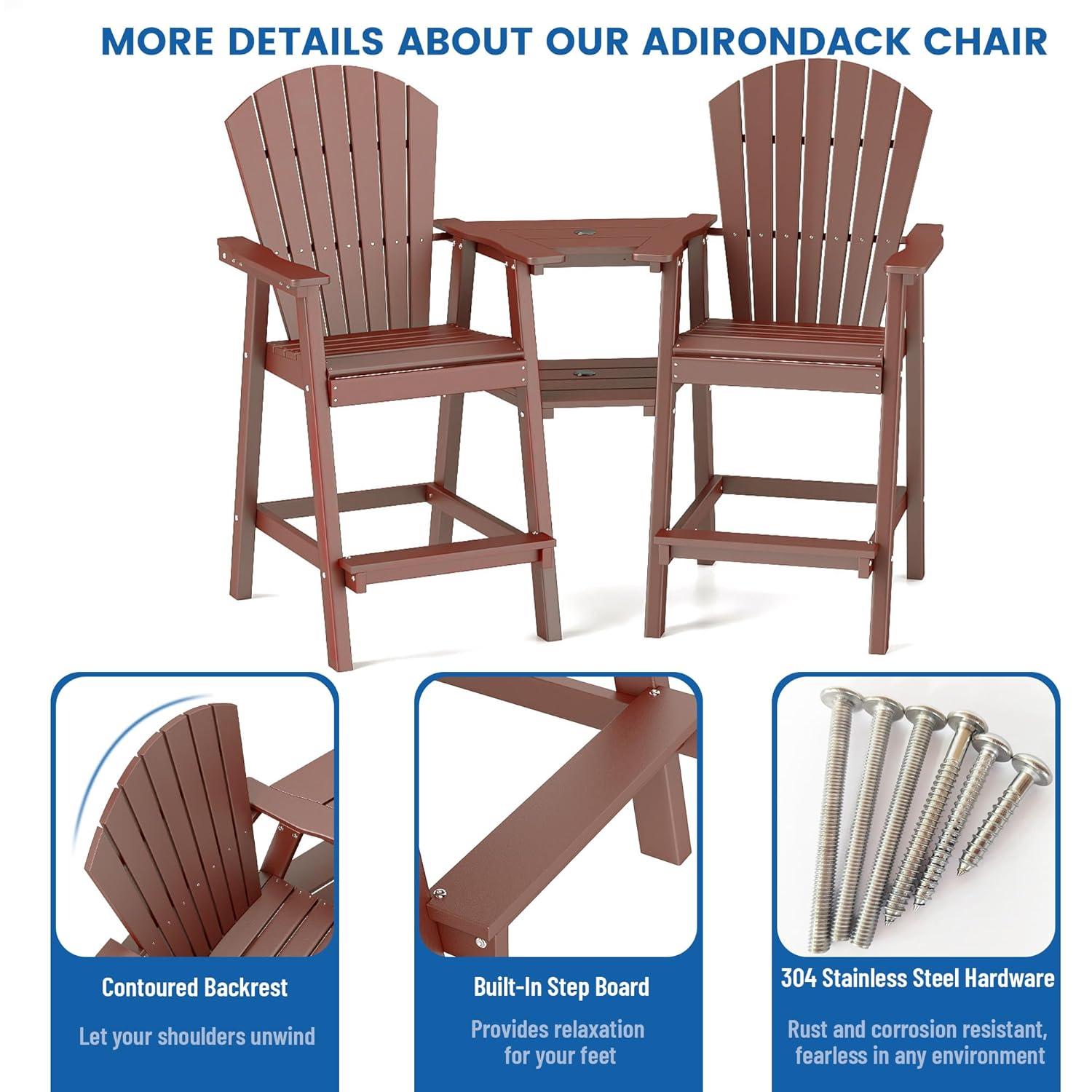 JUSTLET Tall Plastic Adirondack Chair Set of 2 W/ Outdoor Barstools and Connecting Tray, Brown