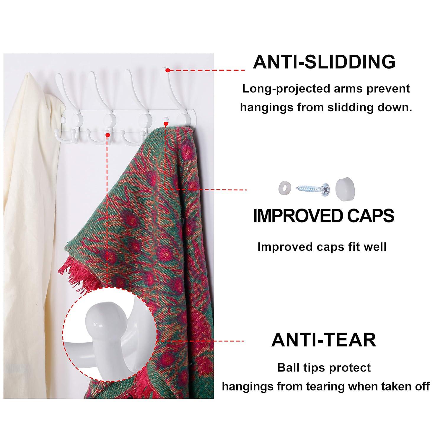 Dseap Coat Rack Wall Mount - 38” Long 10-Tri-Hooks Heavy Duty Coat Hanger Rail Wall Hooks for Hanging Coats Hats Clothing Clothes Purse Mudroom Entryway, White