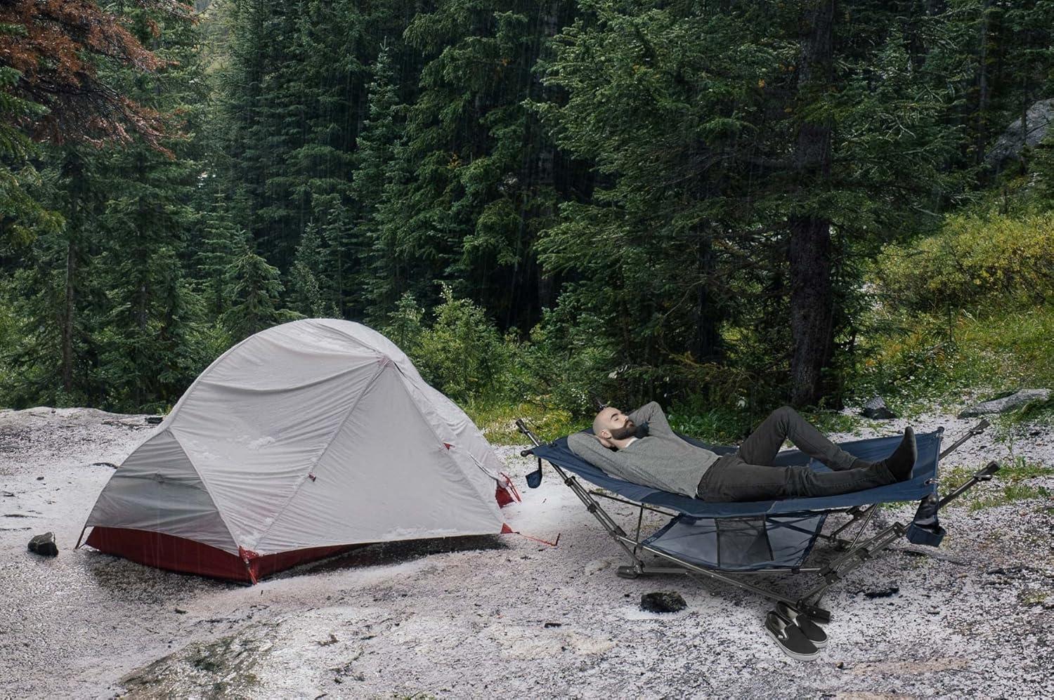 Full-Sized Blue Polyester Portable Folding Hammock with Steel Frame