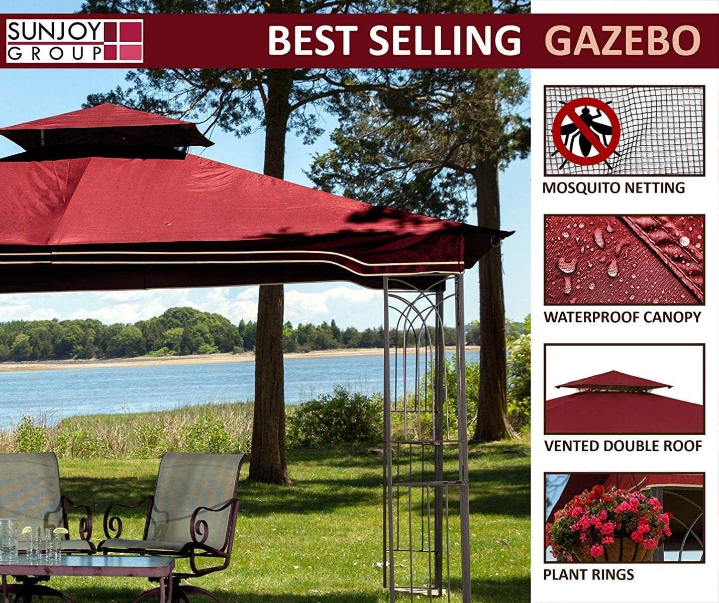 Sunjoy Regency 10x12 Gazebo with Mosquito Netting, Plant Rings, Corner Shelves, Ground Stakes and Center Hook