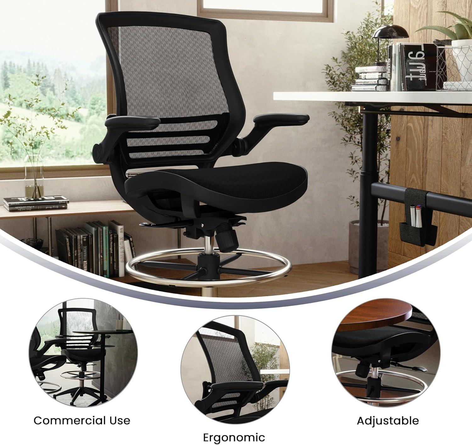 Flash Furniture Waylon Mid-Back Transparent Black Mesh Drafting Chair with Black Frame and Flip-Up Arms