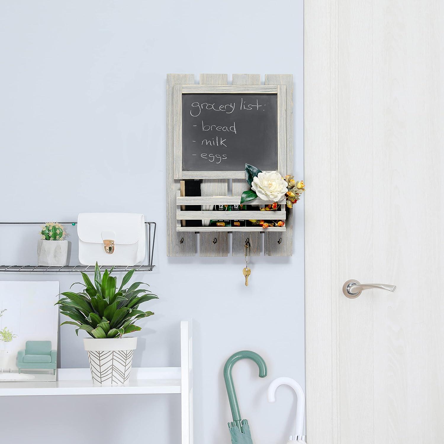 Chalkboard Sign with Key Holder Hooks and Mail Storage - Elegant Designs