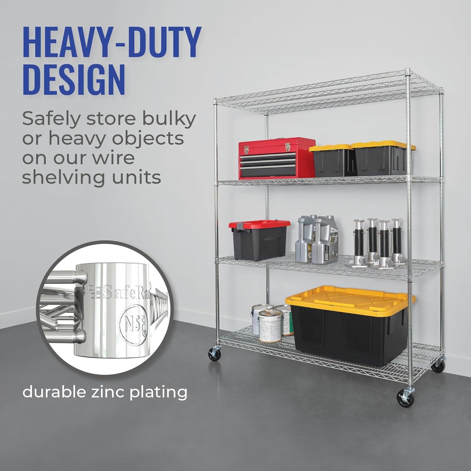 SafeRacks WS-602472-ZW4 24 x 60 x 72-Inch 4-Tier Storage Heavy-Duty 350-Pound Shelf Steel Wire Shelving Rack with Wheels, Stainless