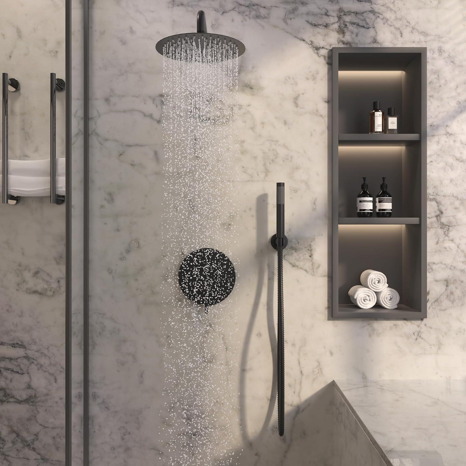 High-Pressure Shower System with 10 Inch Round Rain Shower Head and Handheld Wall Mounted, Shower Faucet Set Combo Set with 2 in 1 Handheld Showerhead for Bathroom, Matte Black