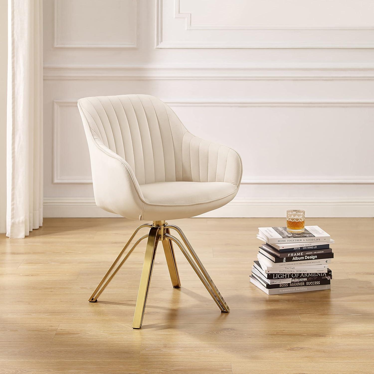 Off-White Contemporary Swivel Accent Chair with Gold Metal Legs