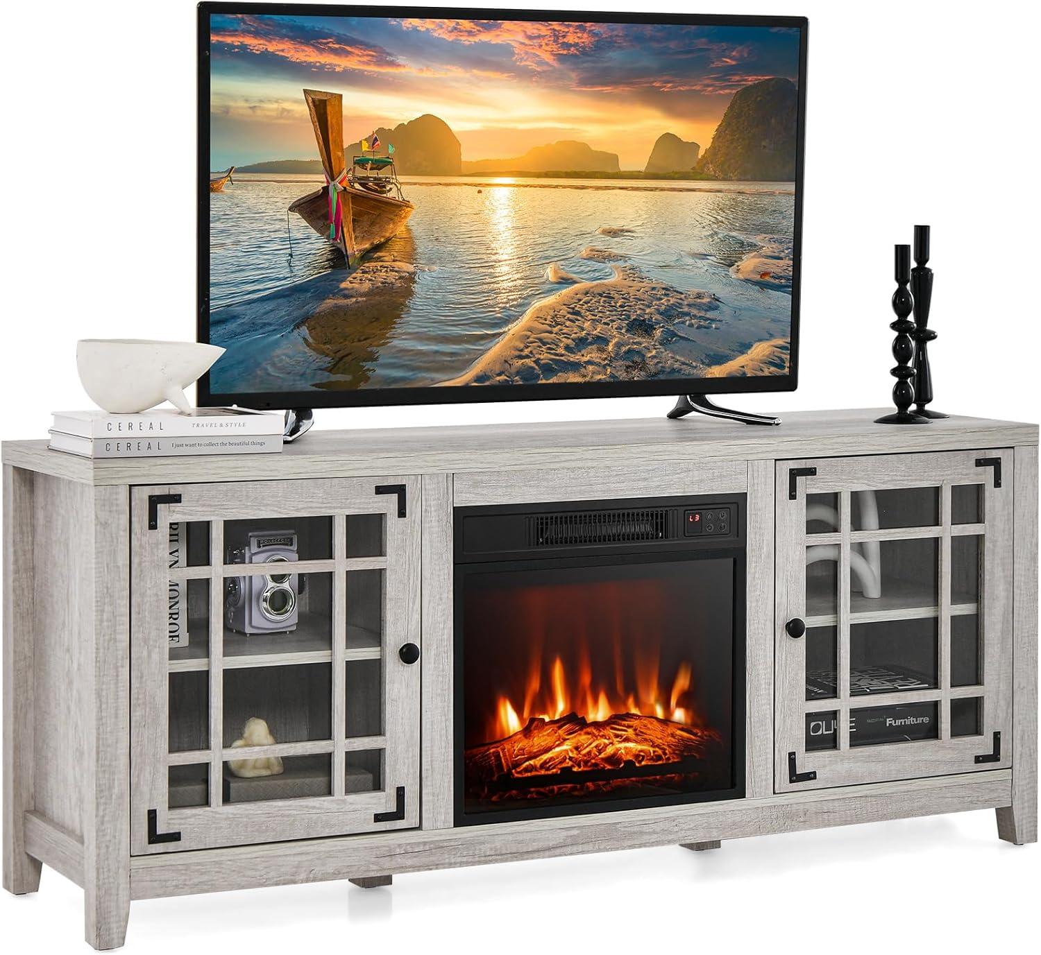 Natural Wood 58" Fireplace TV Stand with Adjustable Shelves