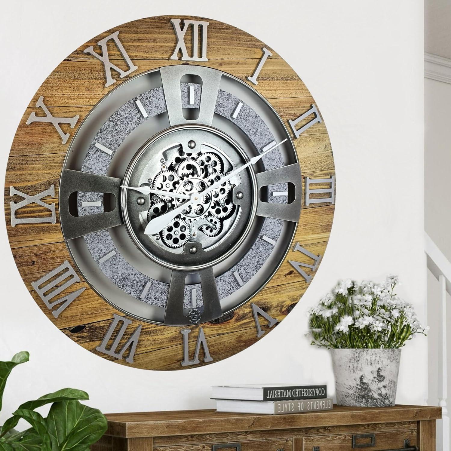 The Gears Clock Wall Clock 36" Oversized for Living Room decor with Real Moving Gears England Collection
