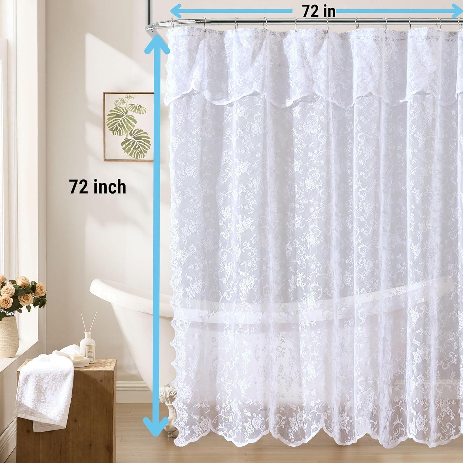 HLC.ME Harper Lace Shower Curtain for Bathroom with Floral Vine Design and Attached Valance – Elegant Victorian Classic Style - White, 72 W x 84 L