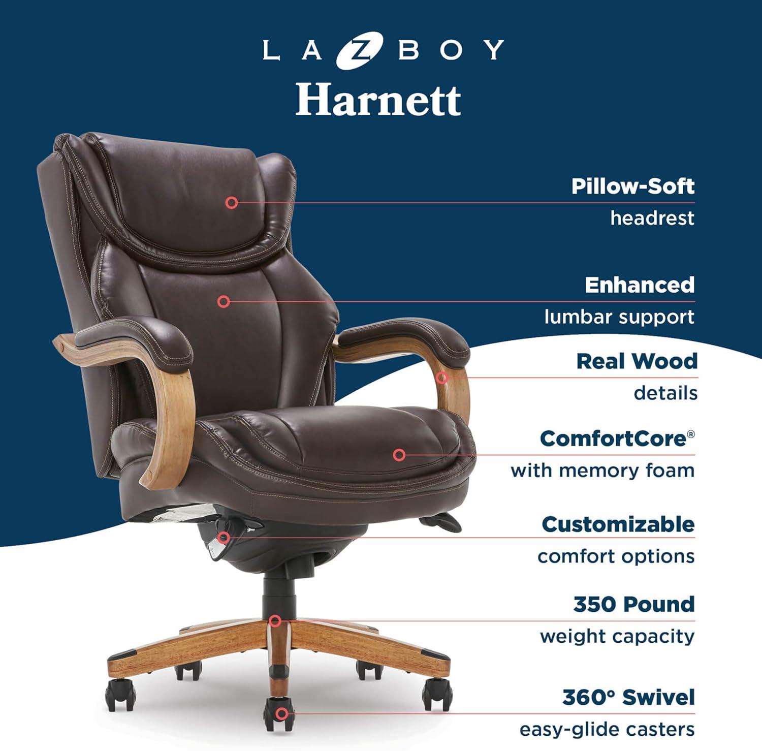 La-Z-Boy La-Z-Boy Harnett Big and Tall Executive Office Chair, Ergonomic High-Back Chair with Solid Wood Arms, ComfortCore with Memory Foam Cushions, Bonded Leather