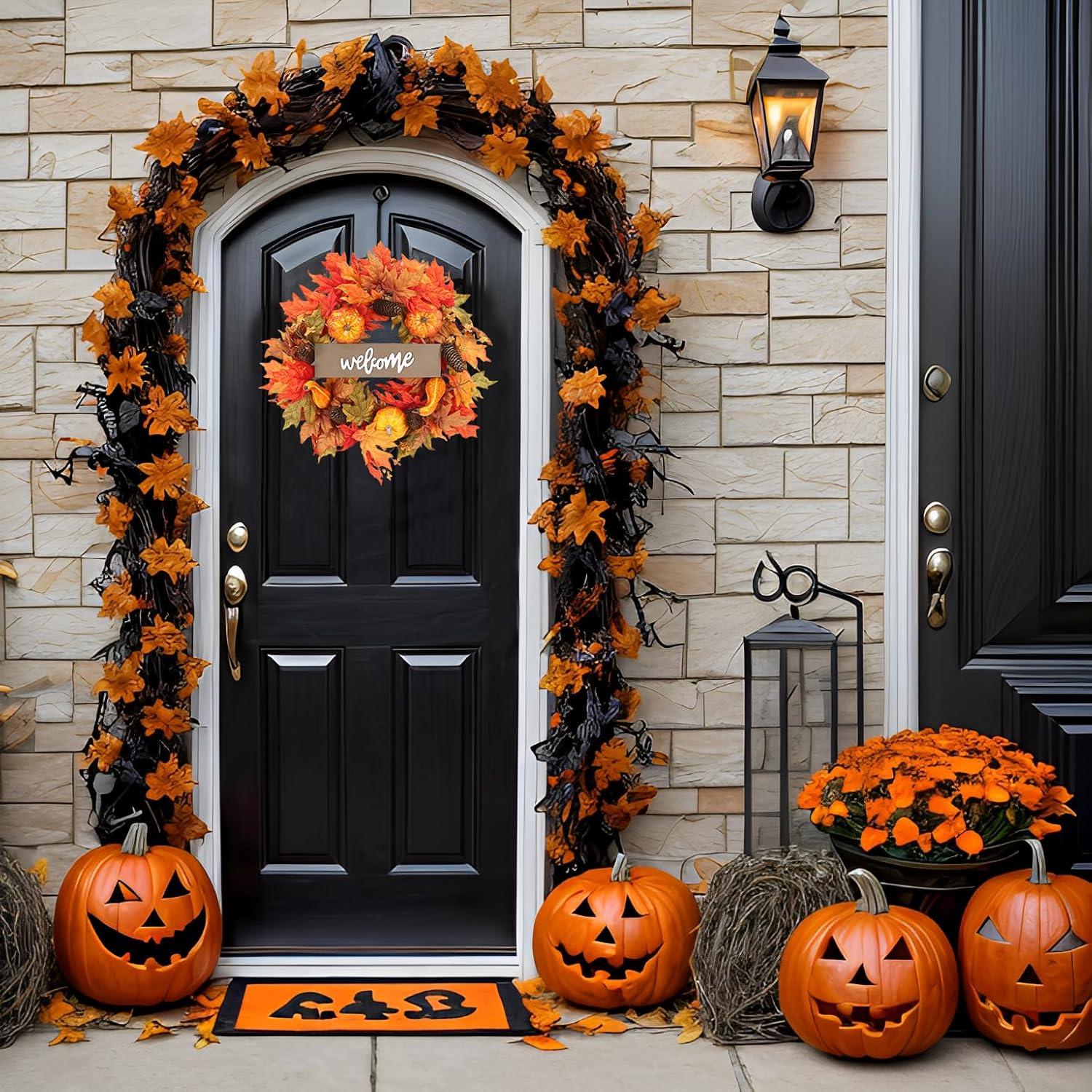 Fall Wreath 20’’ Autumn Front Door Wreath Harvest Wreath with Sunflower Pumpkins Berries Maple Leaves Daisies for Outside Indoor Home Wall Festival Thanksgiving Autumn Farmhouse Decor