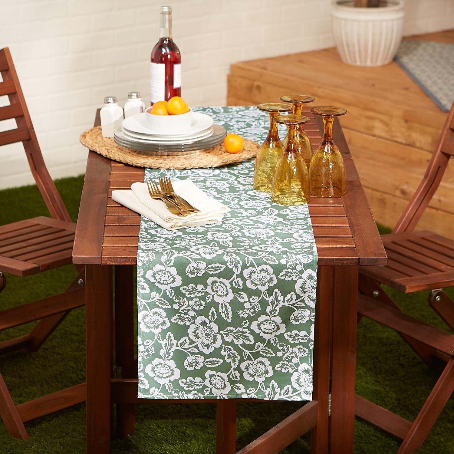 Artichoke Green  Floral Print Outdoor Fabric Table Runner 14x72