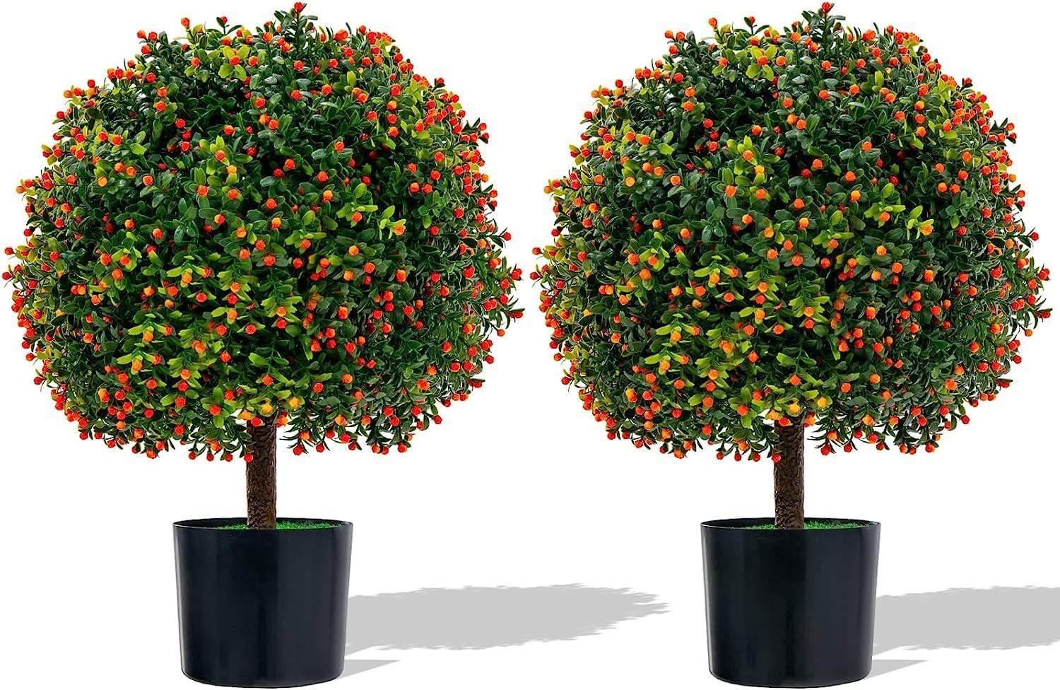 Costway 22'' Artificial Boxwood Topiary Ball Tree 2-Pack Faux Potted Plant w/Orange Fruit