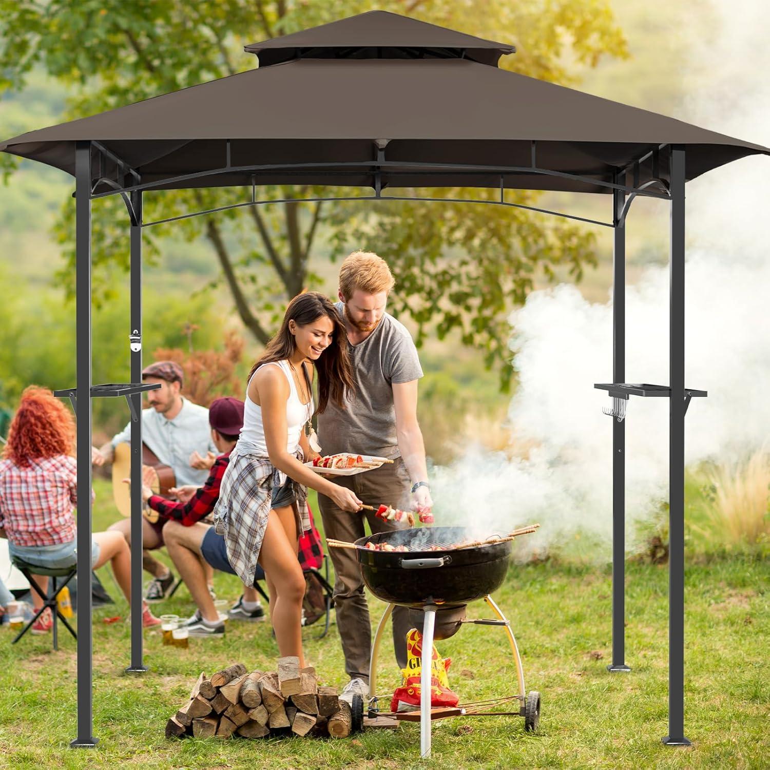 Incbruce 8' X 5' Grill Gazebo Canopy, Outdoor BBQ Gazebo Canopy with Double Tiered Tent Roof Cover & Metal Frame for Patio, Garden, Backyard (Brown)