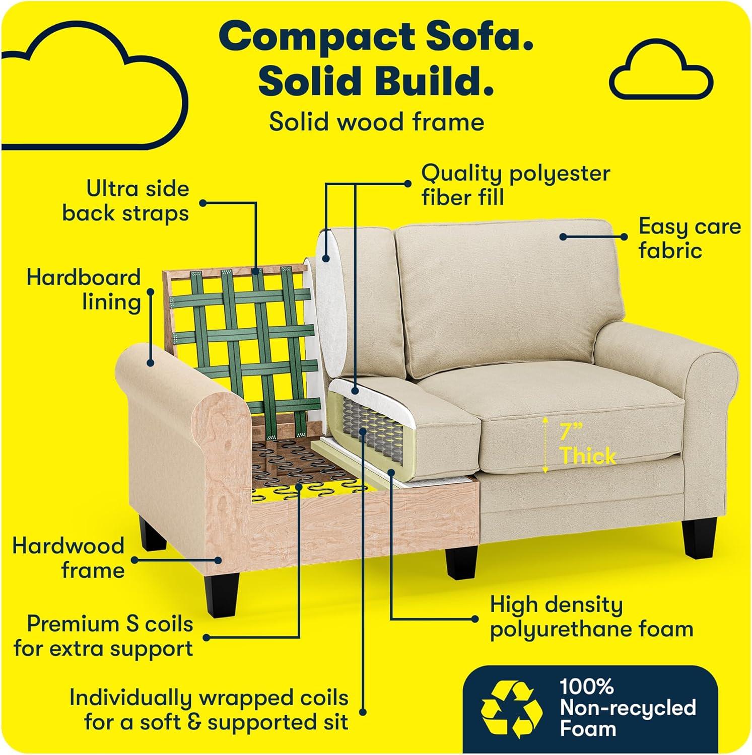 Serta Copenhagen 61" Rolled Arm Sofa, Easy Care Fabric, Soft Pillow Back, Pocket Coil Seat Cushions