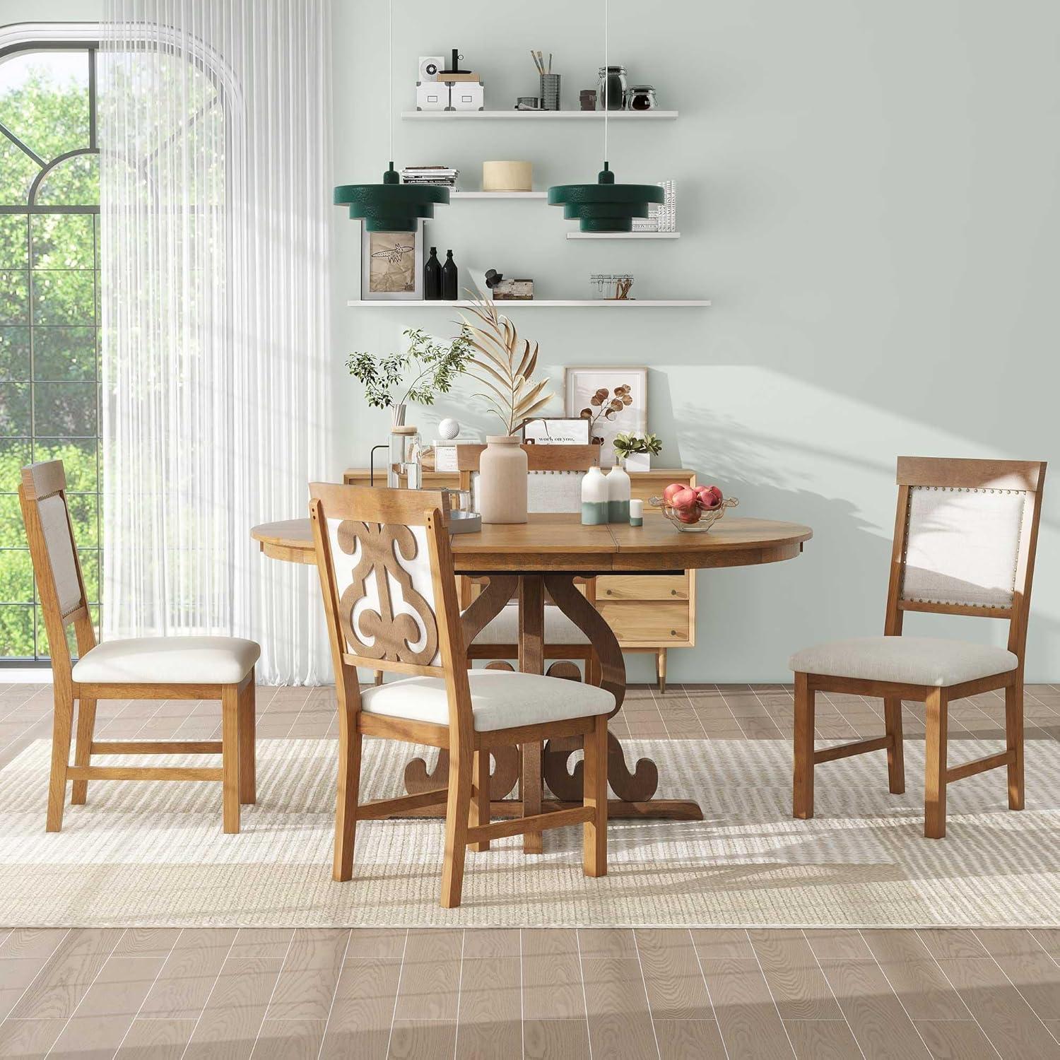 Walnut Extendable Dining Table Set with 4 Upholstered Chairs