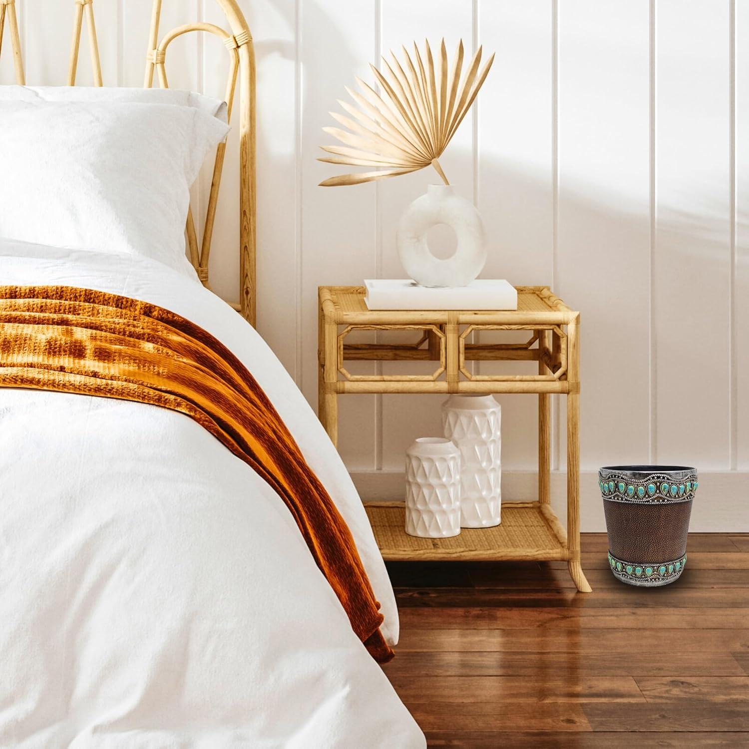 Decor Idea Decorative Resin Faux Leather Small Wastebasket with Turquoise Gem - Southwestern Rustic Trash Bin