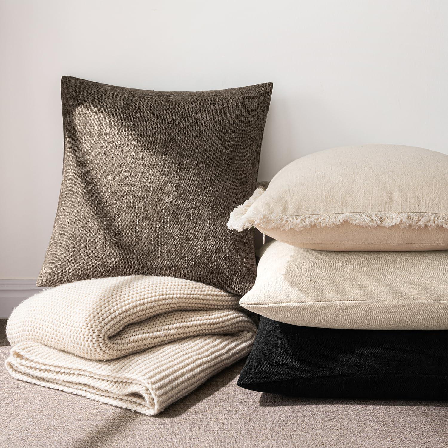 MADIZZ Set of 2 Linen Throw Pillow Covers with Broad Edge Soft Boho Decorative Pillow Cases for Sofa Bedroom Modern Pillow Shell 18x18 Inch Beige