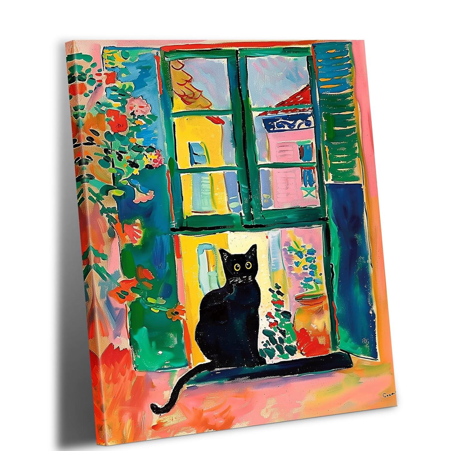 Henri Matisse Oil Paintings on Canvas Wall Art Matisse Famous Open Window Black Cat Poster Funny Cat Floral Print Colorful Farmhouse Gallery Aesthetic Room Decor for Bedroom Bathroom 12x16in Unframed