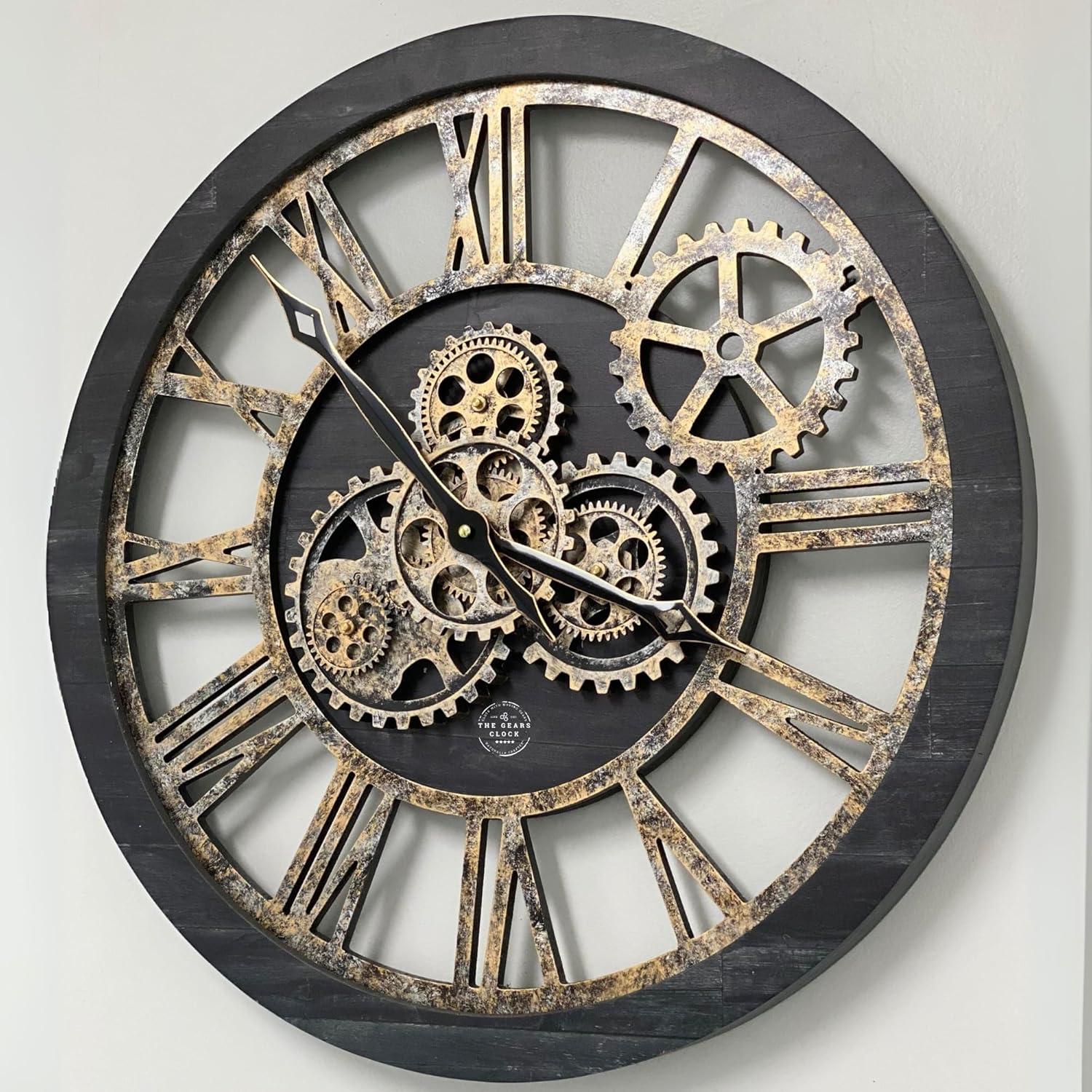 The Gears Clock Wall Clock 24" Round Oversized for Living Room decor with Real Moving Gears America Collection