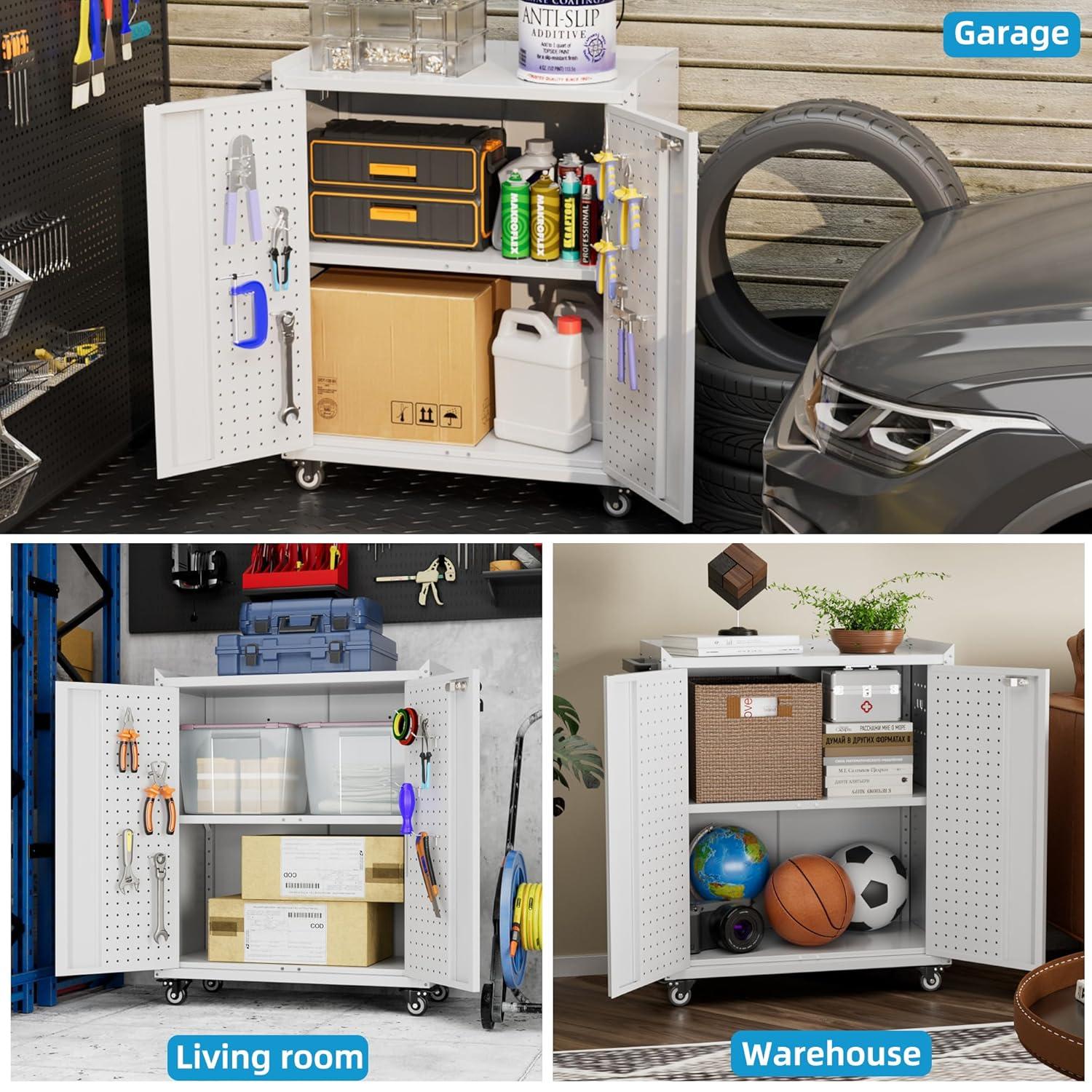 AOBABO 72 Inch Locking Metal Garage Home Office Storage Cabinet with Universal Rubber Wheels/Lockable Casters and Magnetic Doors, White
