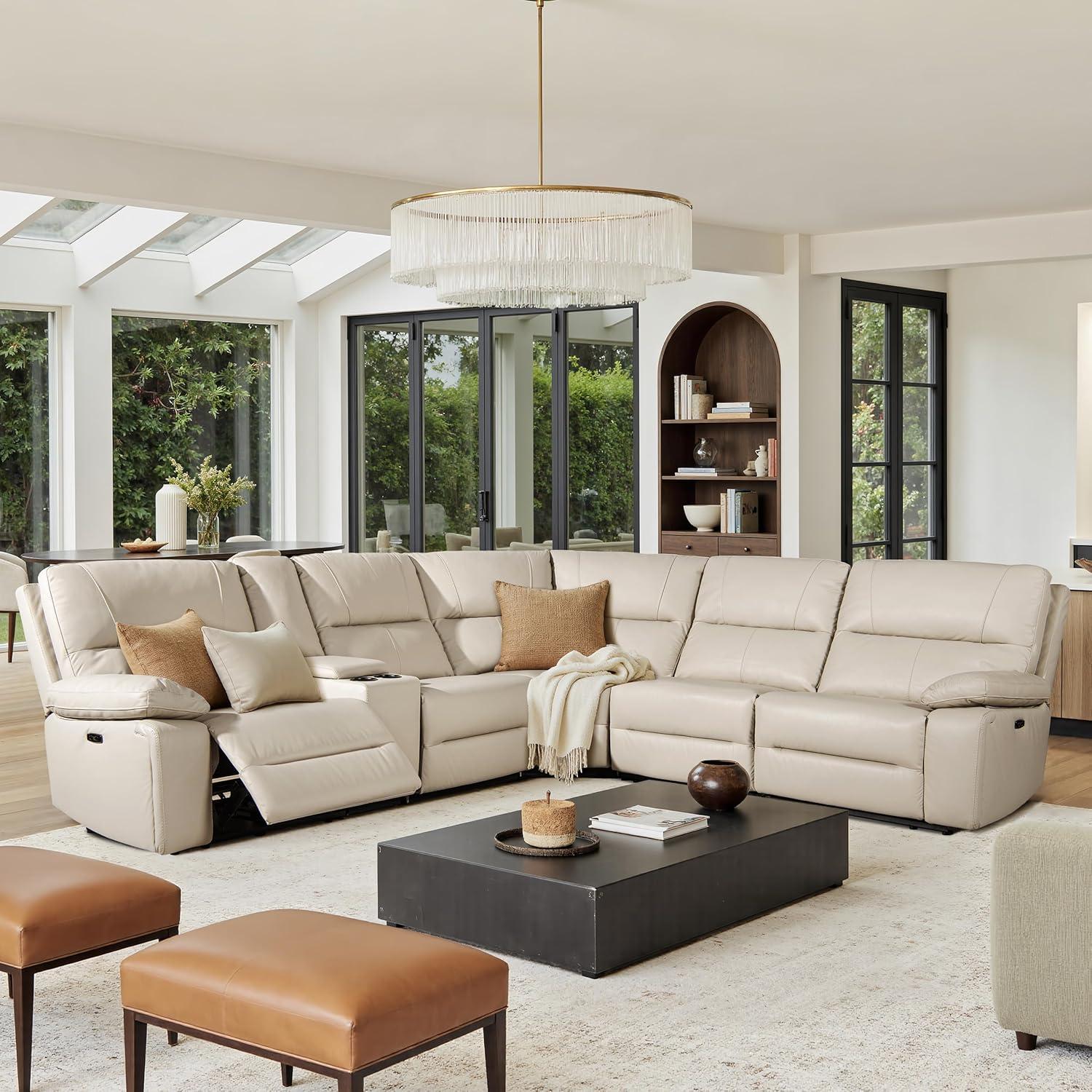 Jennifer Taylor Home Malibu 130" Modern Power Motion 6-Piece Reclining Corner Sectional with Cup Holders, Cream Taupe Beige Top Grain Leather