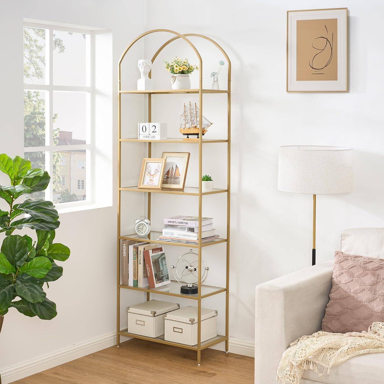 Mercer41 Bookcase Bookshelf, Tempered Glass Arched Bookshelf For More Storage, Slim Shelving Unit For Bedroom, Bathroom, Home Office, Steel Frame, 6 Tier Gold