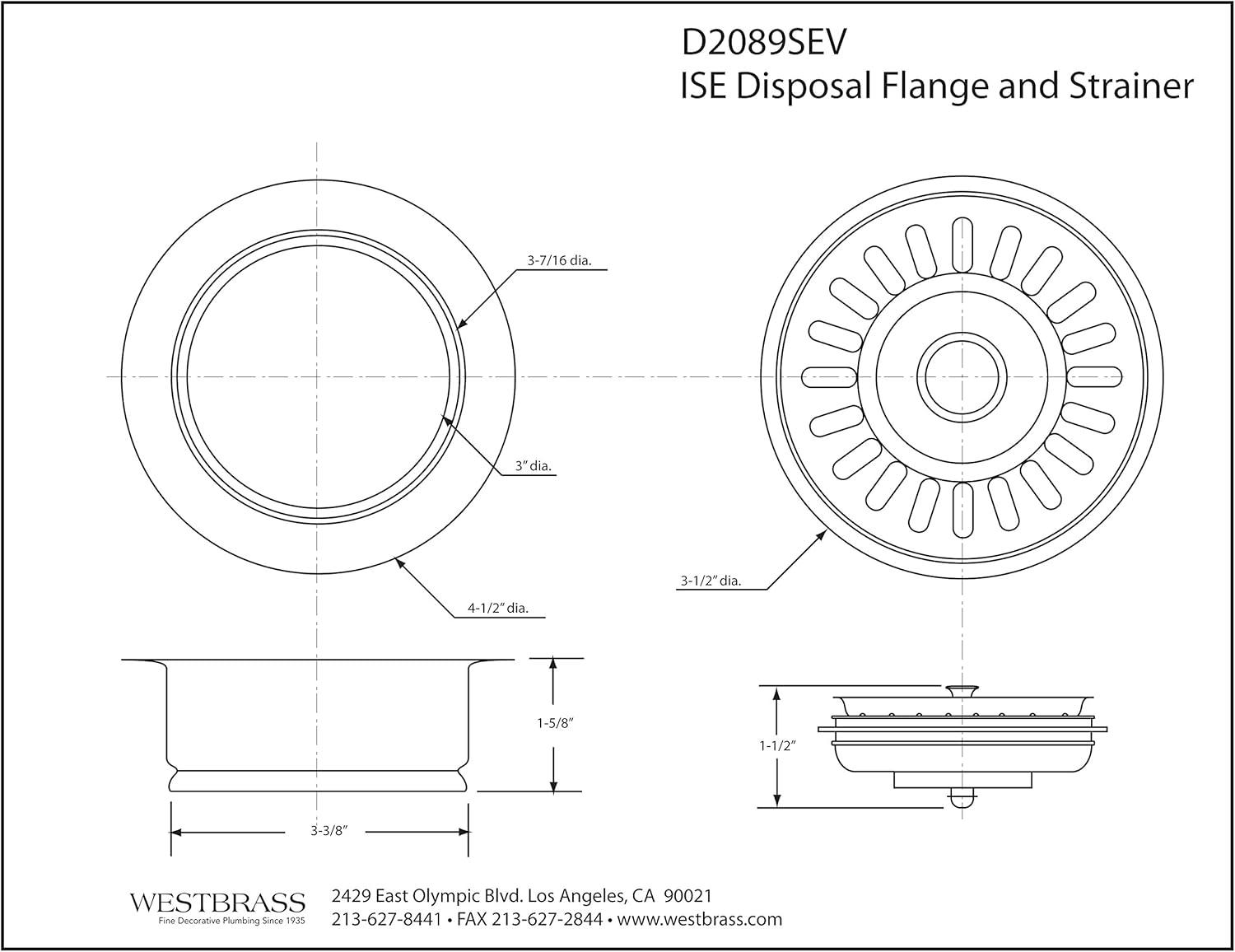 Westbrass D2089SEV-50 3-1/2" Kitchen Sink Waste Disposal Drain Flange and Basket Strainer, Powder Coat White