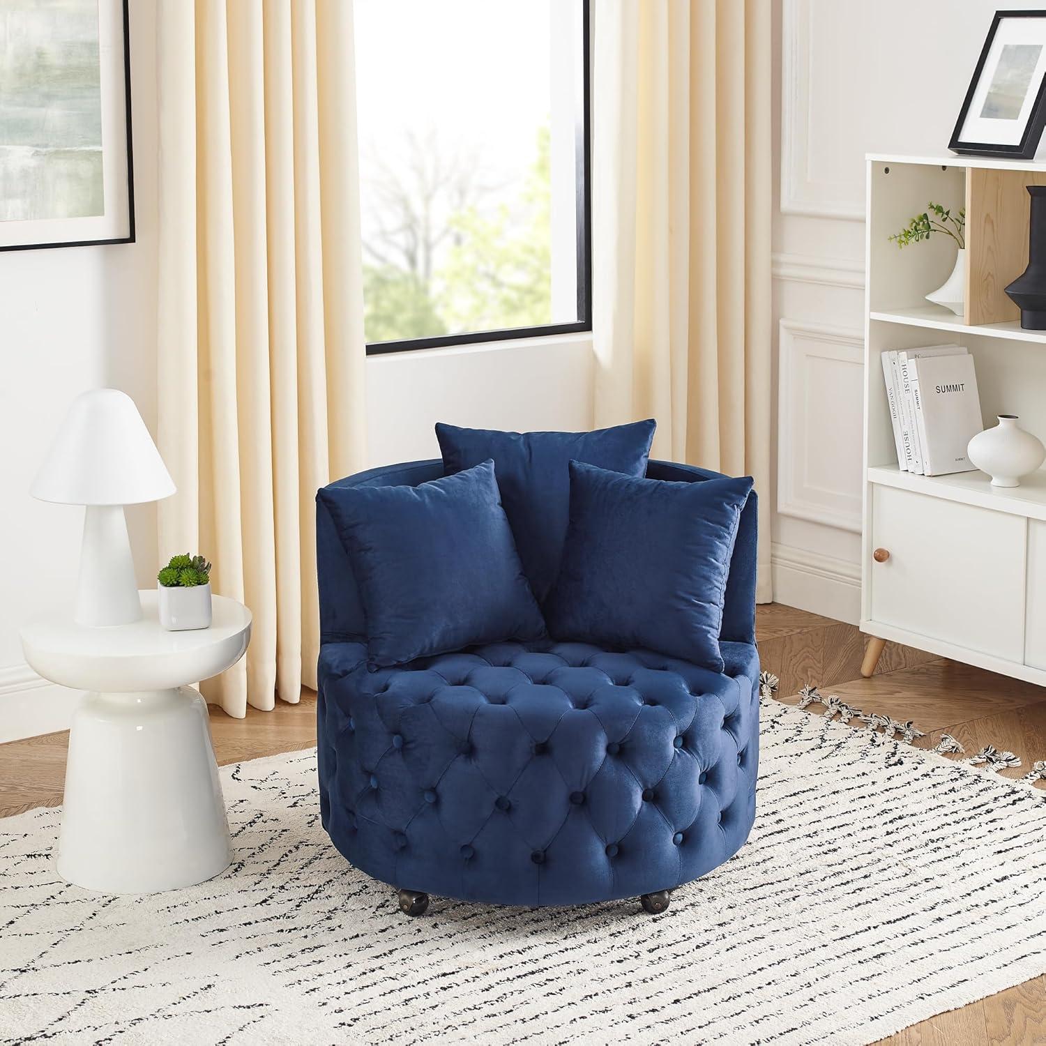 Velvet Upholstered Swivel Chair with 4 Universal Caster Wheels, Wooden Button Tufted Design Single Sofa Chair with 3 Pillows for Apartment, Office, Living Room & Bedroom (Blue)