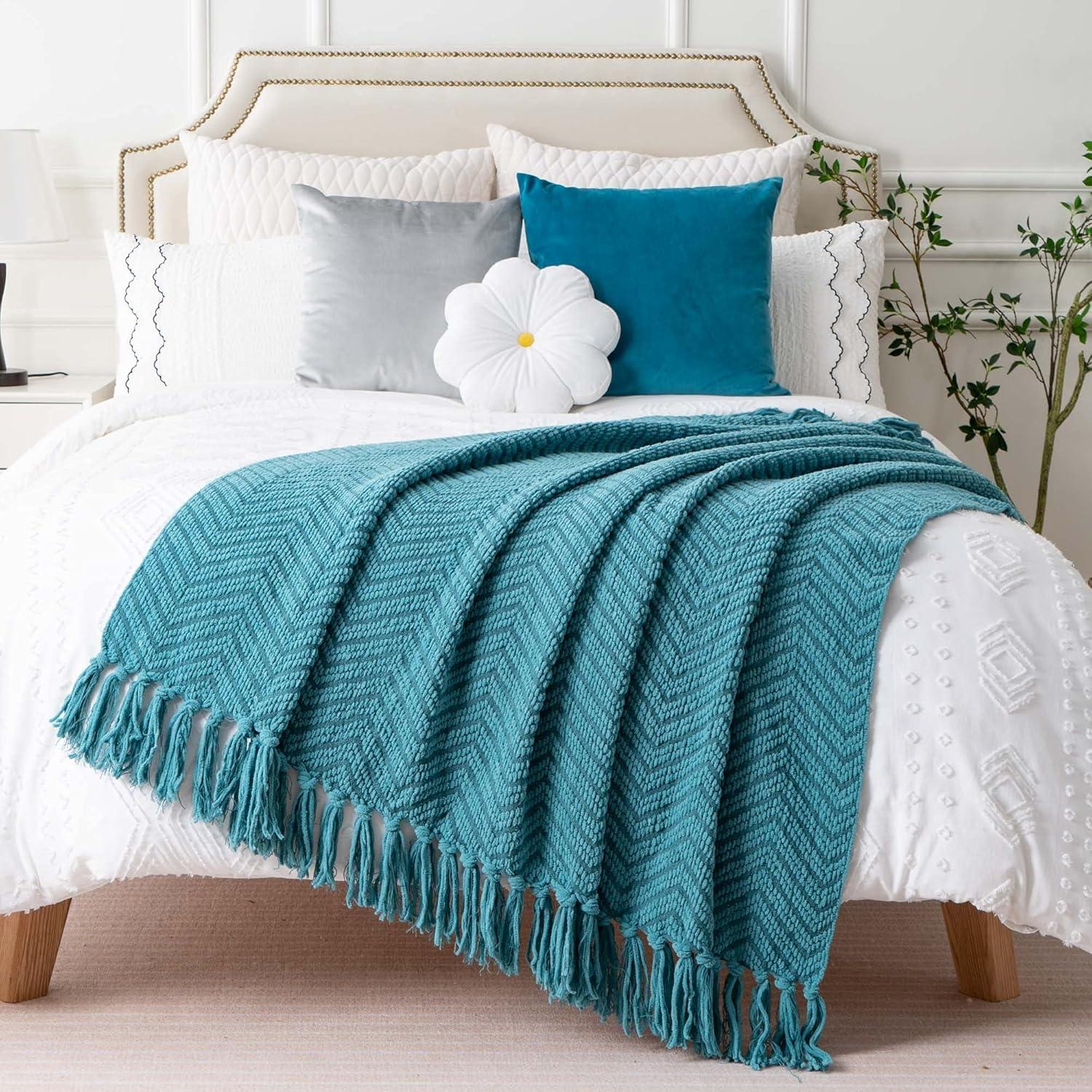 Teal Knitted Zig-Zag Throw Blanket with Tassels, 50"x60"