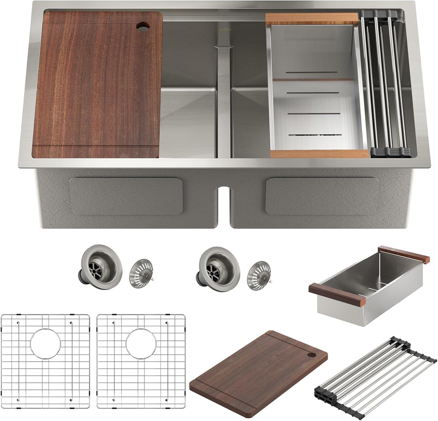 CASAINC Undermount Kitchen Sink Workstation - 33x19x10 Double Bowl Kitchen Sink,16 Gauge Multifunctional Step Kitchen Sinks Set, Nano Material Stainless Steel Sink with Accessories(Pack of 5)