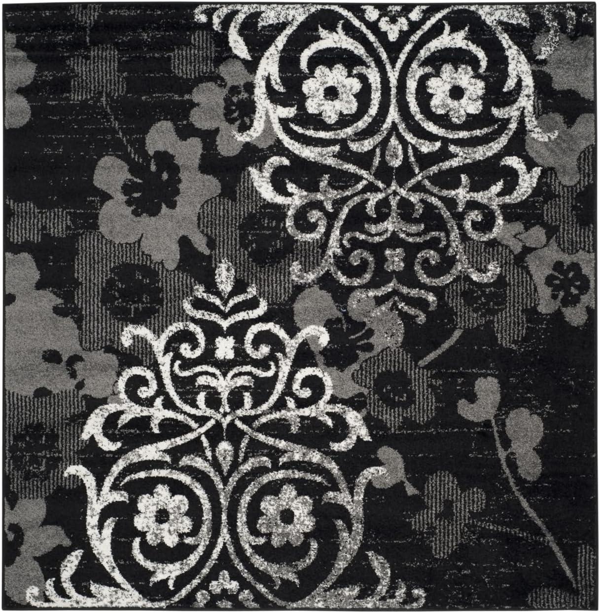 Black and Silver Floral Square Synthetic Area Rug