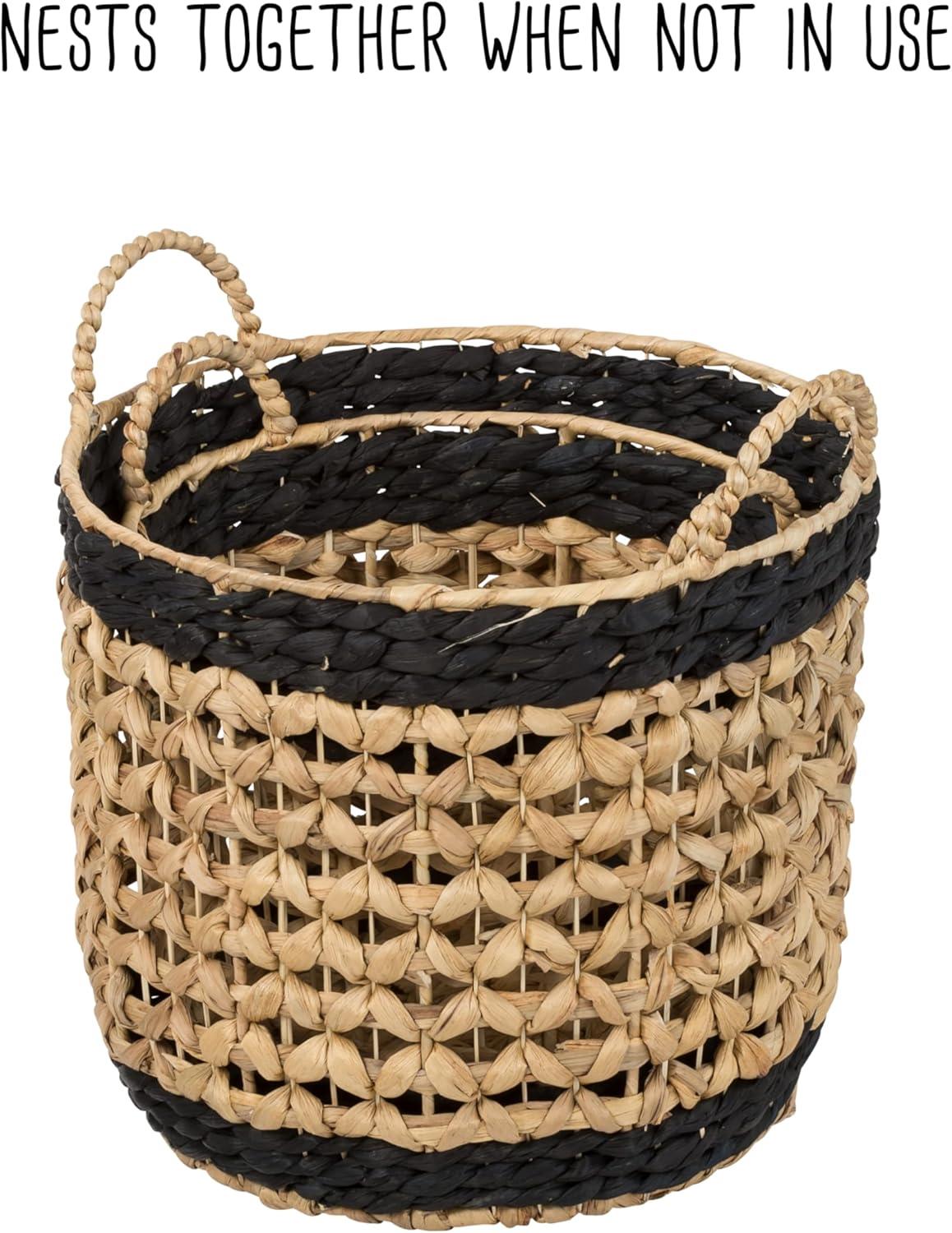 Set Of 2 Round Decorative Wicker Baskets With Handles, Natural/Black Natural