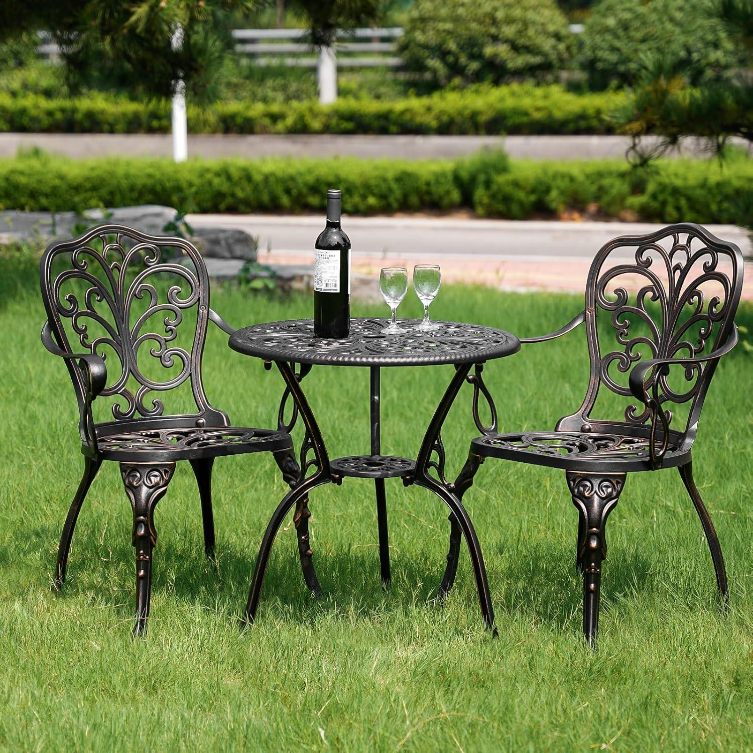 PATIO-IN 3 Piece Bistro Set Cast Aluminum Bistro Table and Chairs Set of 2 with Umbrella Hole,Patio Furniture Sets for Front Porch,Garden