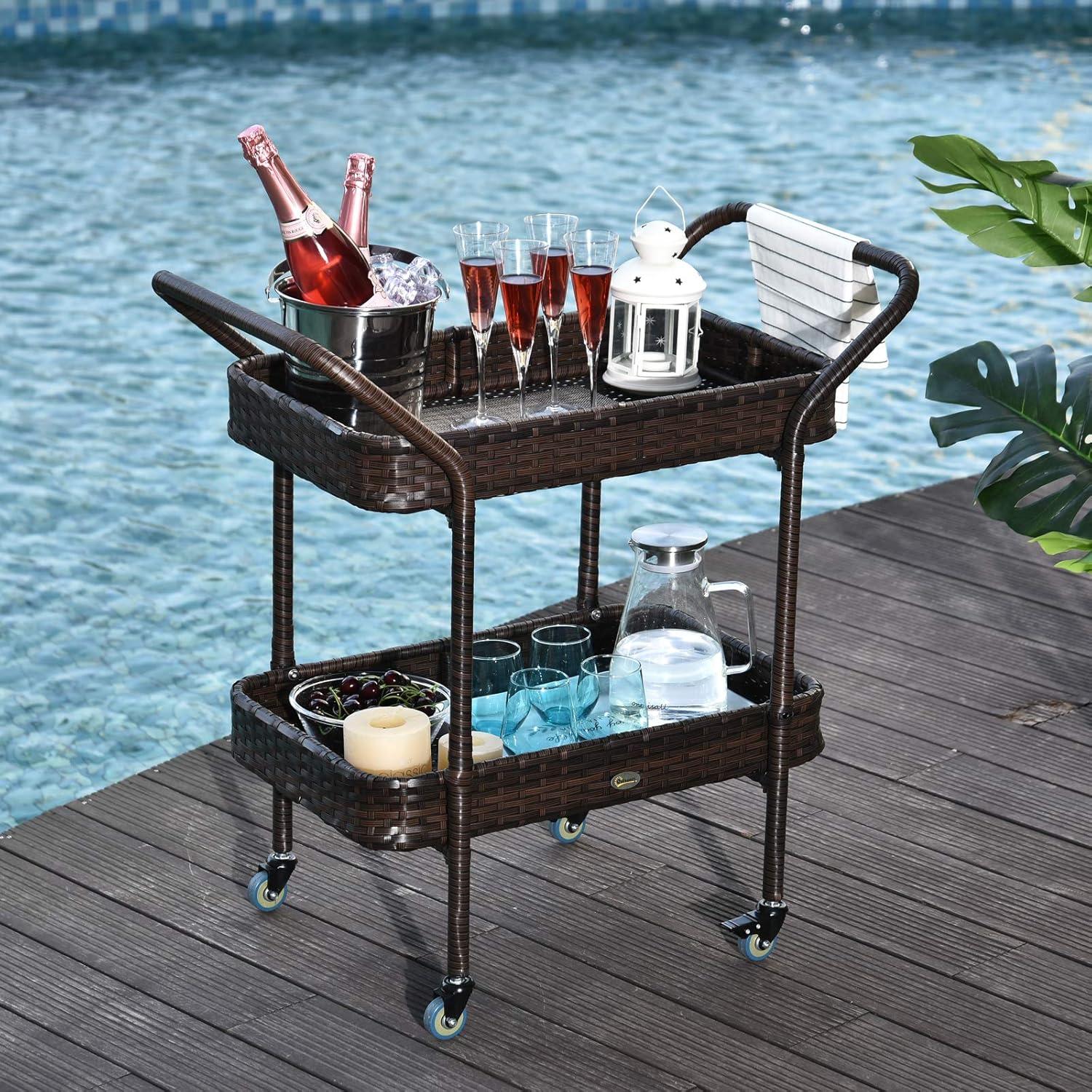 Outsunny Rattan Wicker Serving Cart with 2-Tier Open Shelf, Outdoor Wheeled Bar Cart with Brakes for Poolside, Garden, Patio