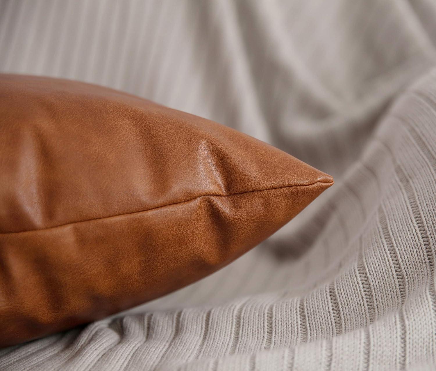 Faux Leather Throw Pillow Covers, 18 x 18 inch Set of 2 Thick Cognac Brown Modern Solid Decorative Square Bedroom Living Room Cushion Cases for Couch Bed Sofa Brown 18\