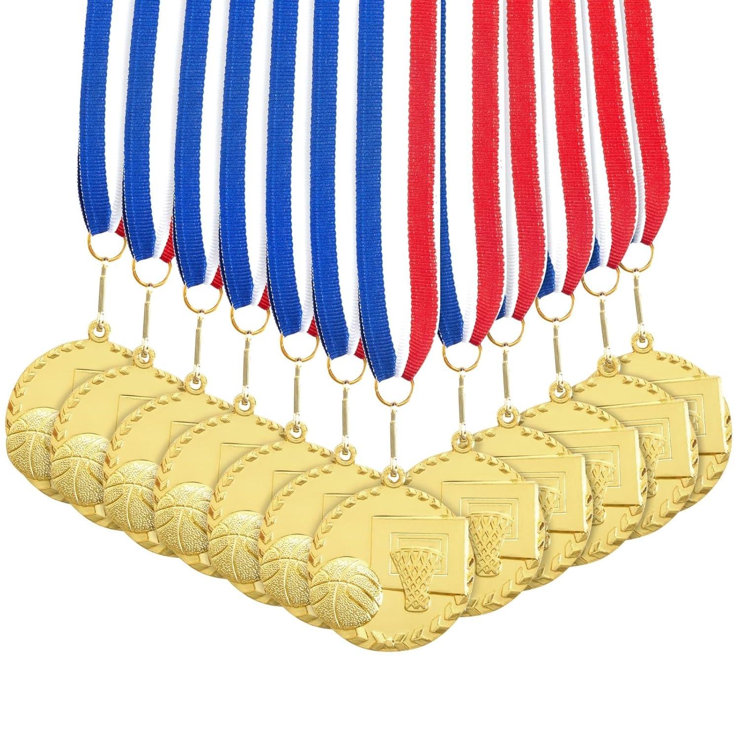 Juvale 12 Pack Basketball Medals for All Ages, Gold Metal Team Awards Trophy, Sports Party Favors, 2 in