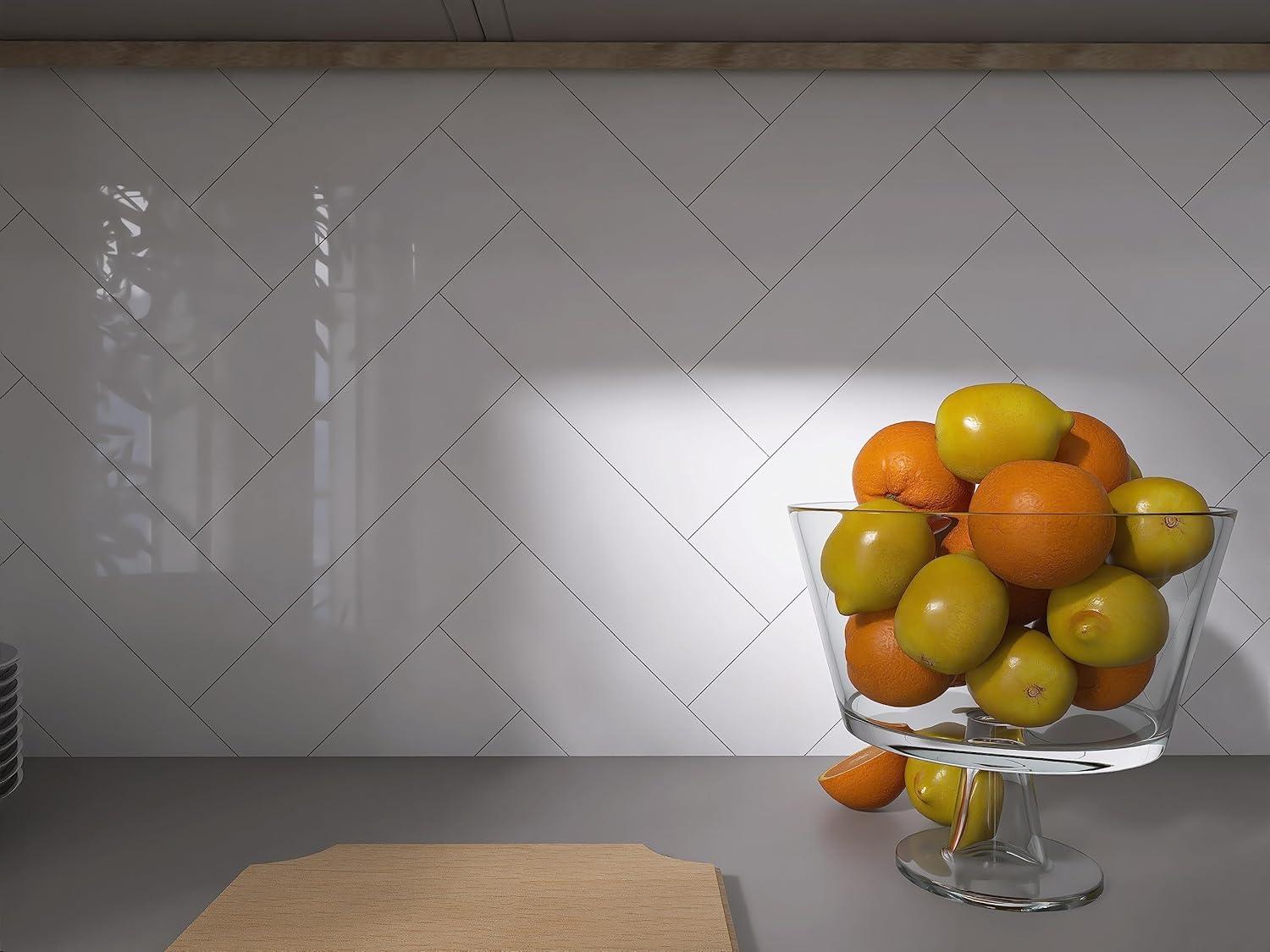 Avant Decor | 24 Stone Composite Subway Texture Tiles | Peel and Stick Kitchen Backsplash | 4" x 12" | Bex Metro Glossy Alpine | 8 sqft