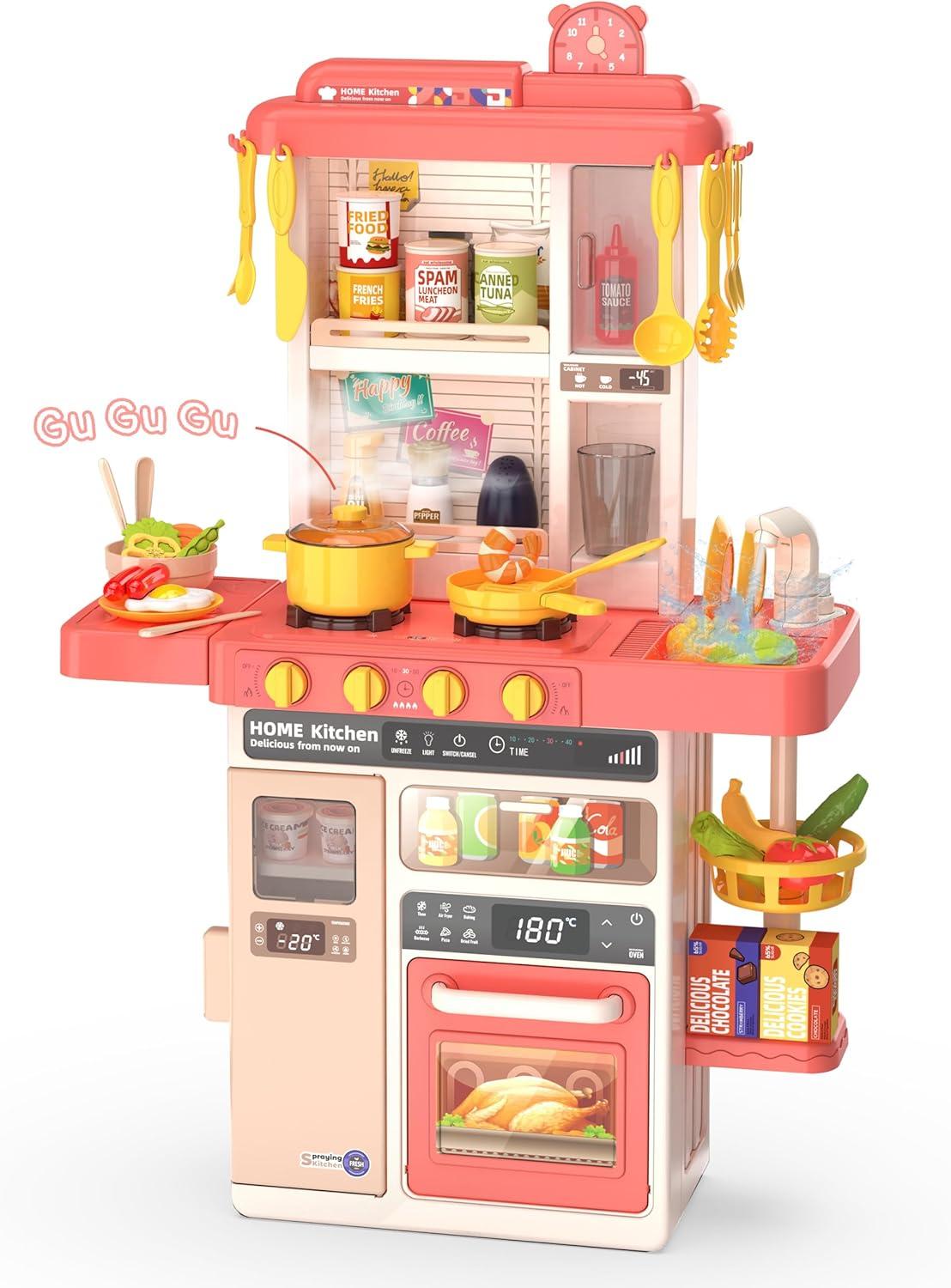 Koppop Kids Kitchen Playset 50pcs - with Sound, Light & Steam Effects, Pretend Play Toys Includes Food, Sink & Stove, Ideal for Boys & Girls Ages 3-6 (Red).