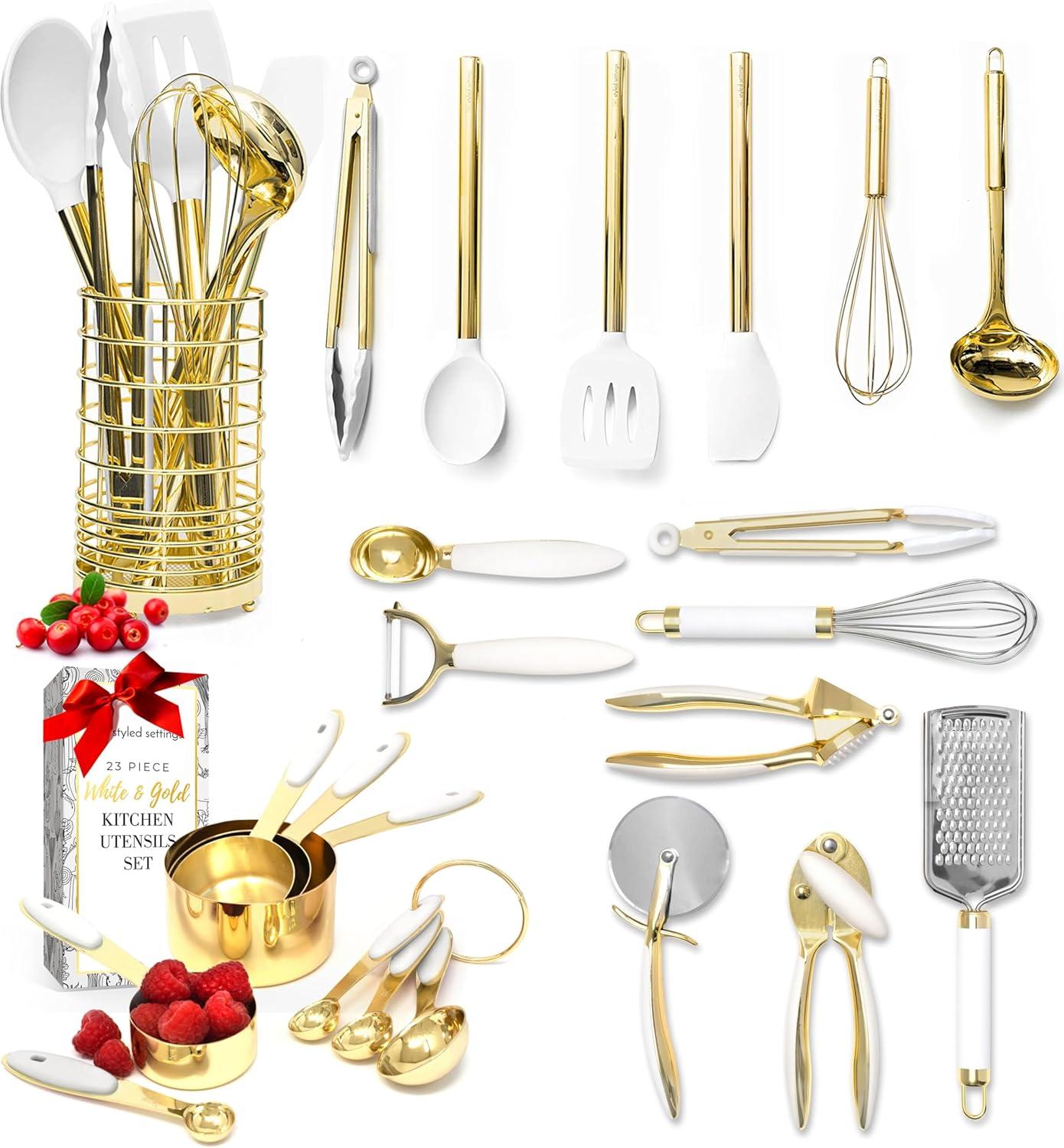 White and Gold Kitchen Utensils Set - 23 Piece Luxe White and Gold Kitchen Accessories Include Gold Measuring Cups and Spoons, White Silicone and Gold Cooking Utensils, White and Gold Kitchen Tools