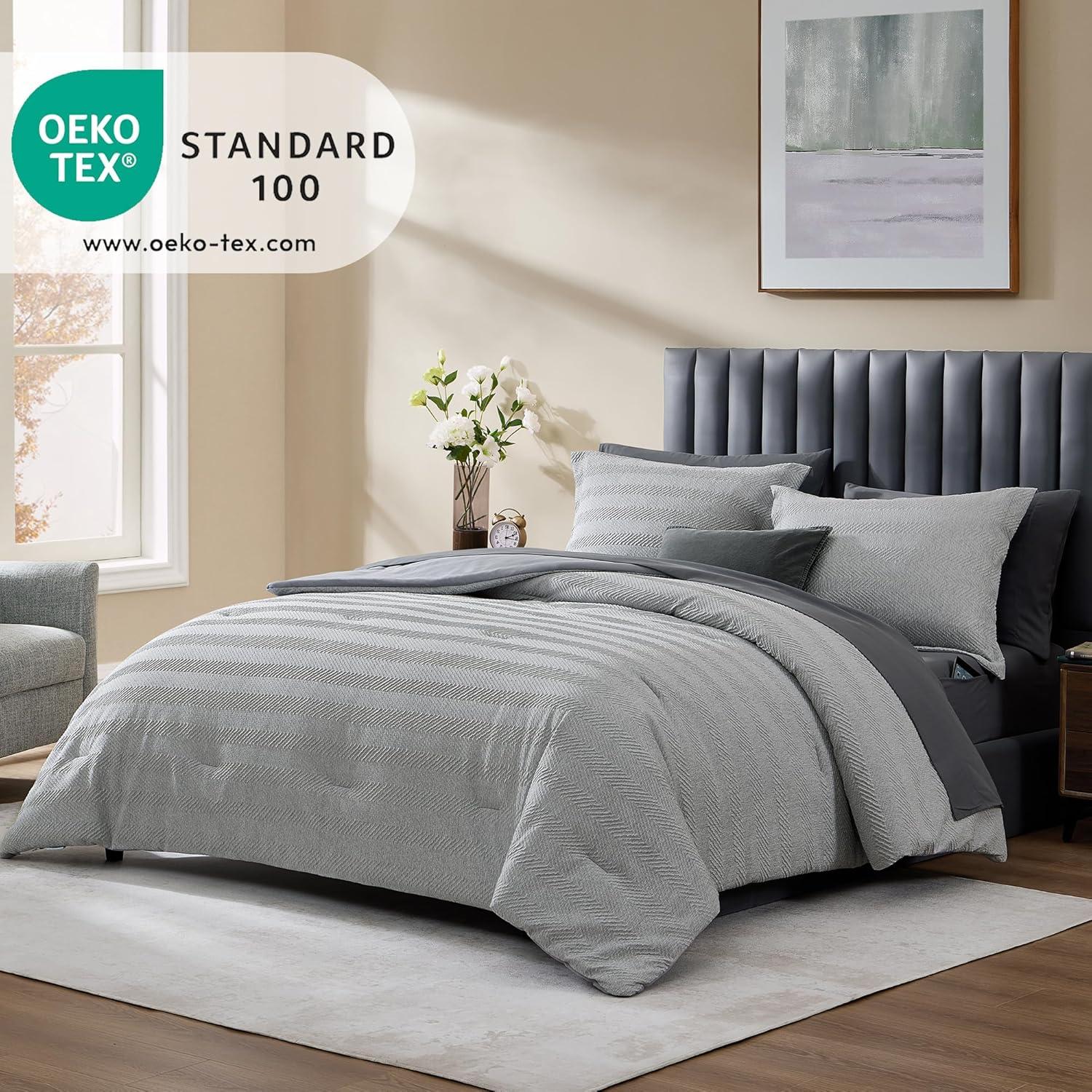 Geniospin Queen Comforter Set, Bed in A Bag 7-Pieces, Light Grey Textured All Season Comfortable Bedding Sets with Comforter, Sheets, Pillowcases & Shams (Light Grey, 90"x90")