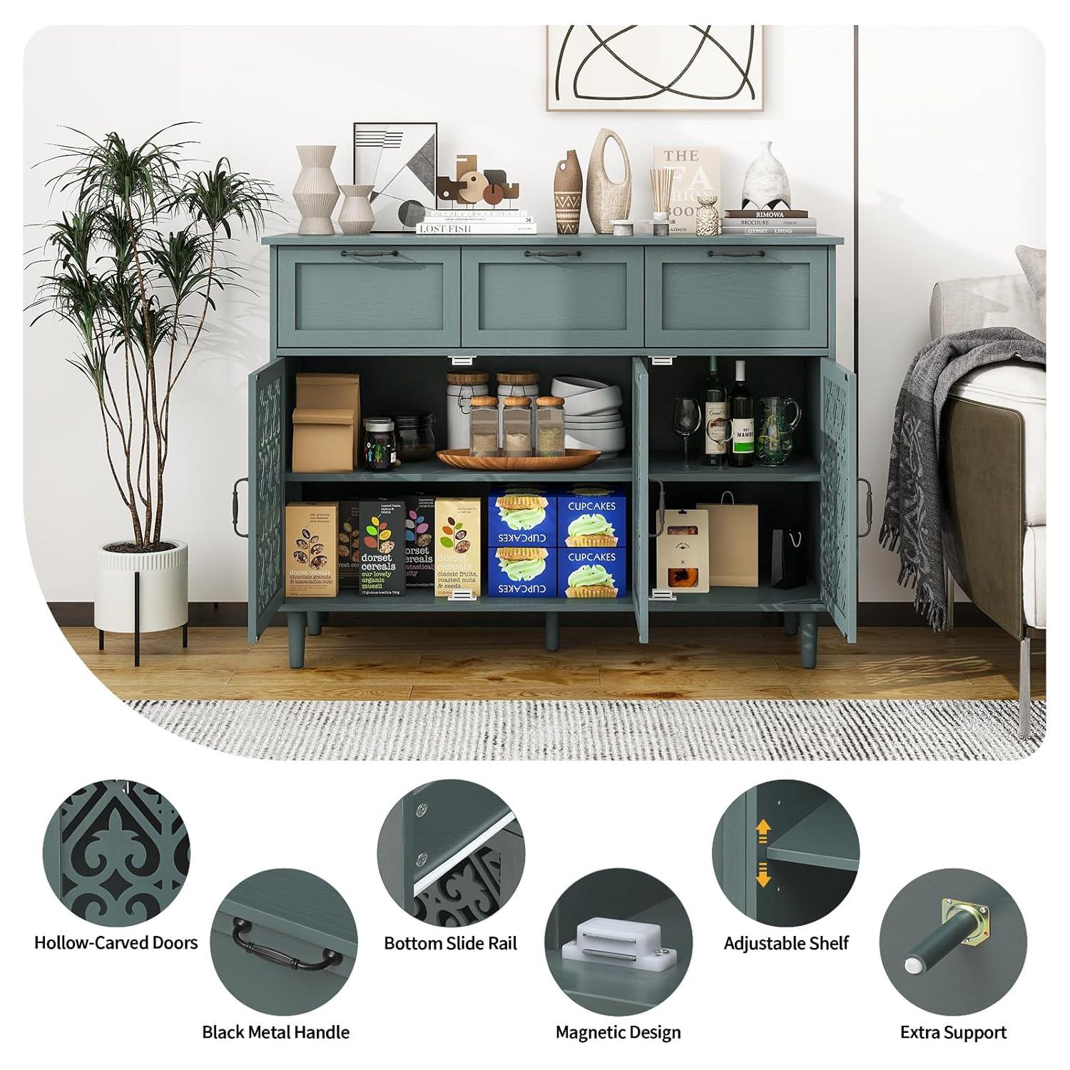 KINFFICT Sideboard Storage Cabinet with 3 Doors & 3 Drawers, Mid-Century 47"L Accent Cabinet for Living Room, Bedroom, Dark Green