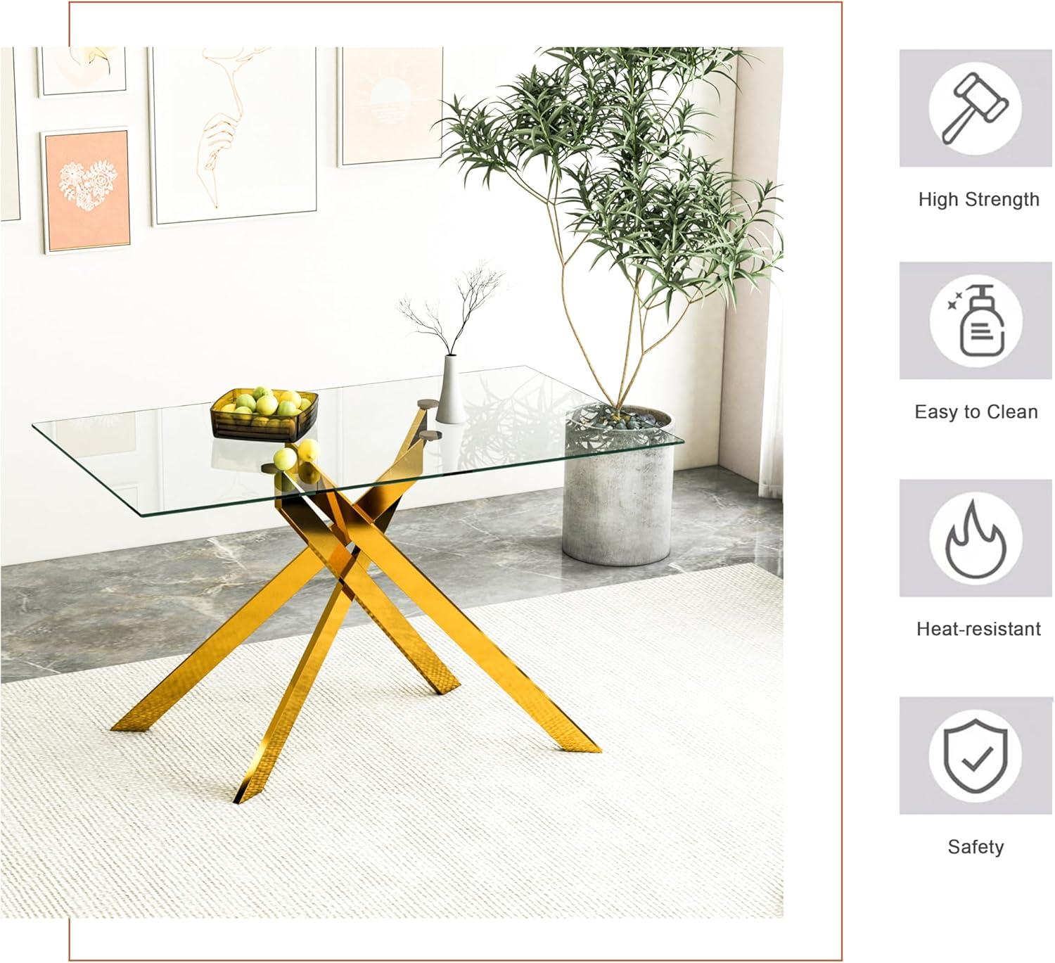 Henf 5 Piece Gold Dining Table Set for 4, Modern Glass Kitchen Table and Chairs for 4, Dining Room Table Set with 51" Glass Dinner Table & 4 White Faux Leather Chairs for Small Space,Home, Apartment