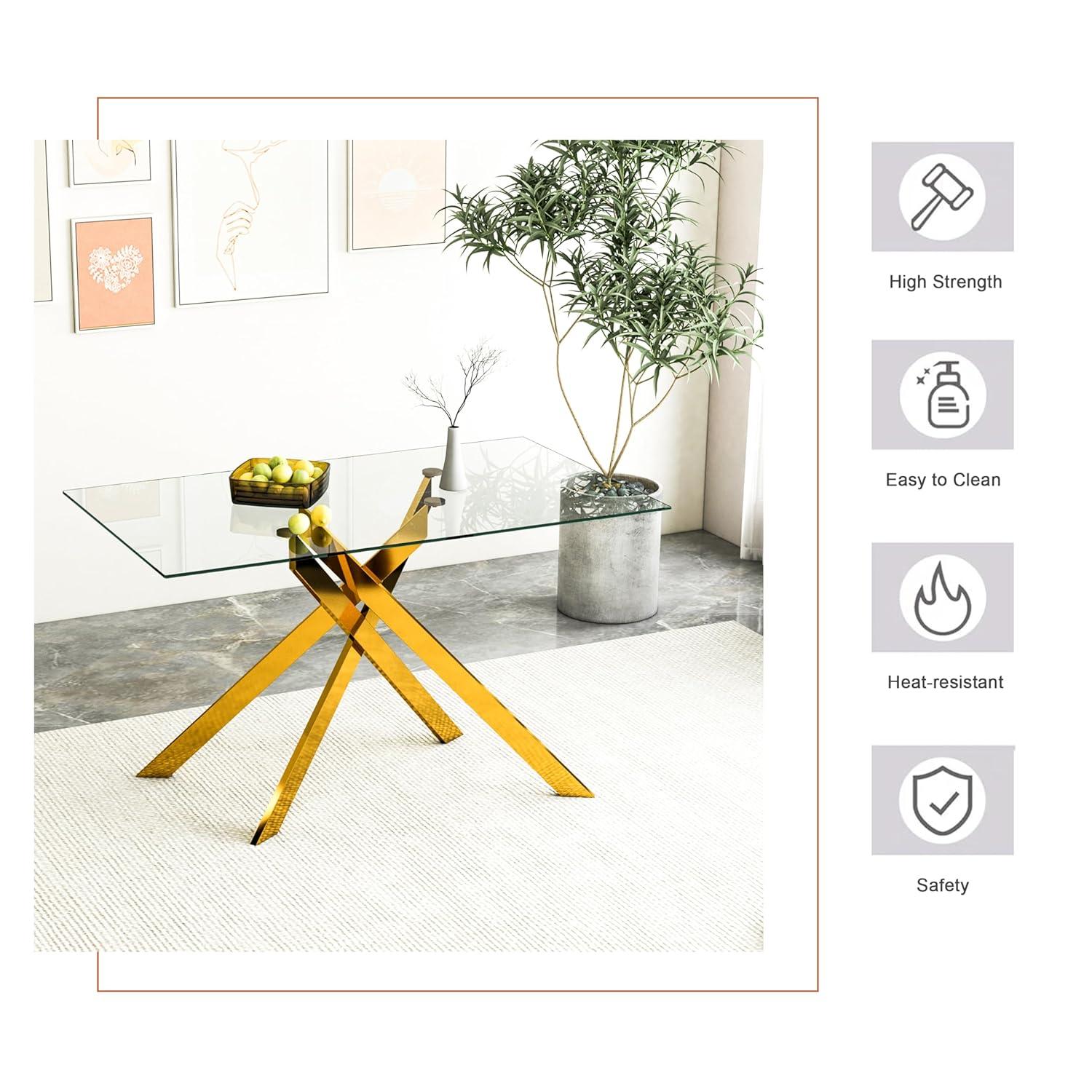 Henf 5 Piece Gold Dining Table Set for 4, Modern Glass Kitchen Table and Chairs for 4, Dining Room Table Set with 51" Glass Dinner Table & 4 White Faux Leather Chairs for Small Space,Home, Apartment